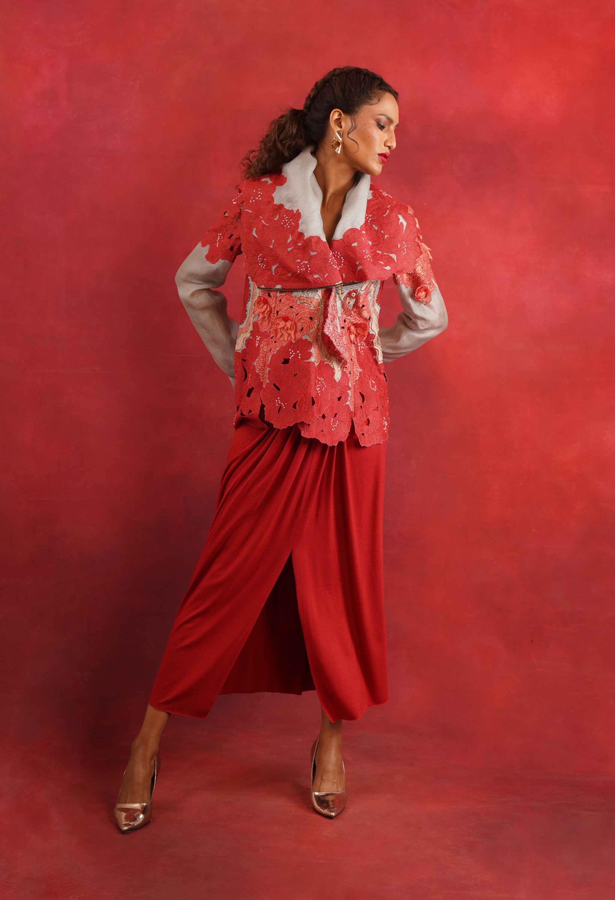 DRAPED COLLAR JACKET + DRAPED JERSY SKIRT