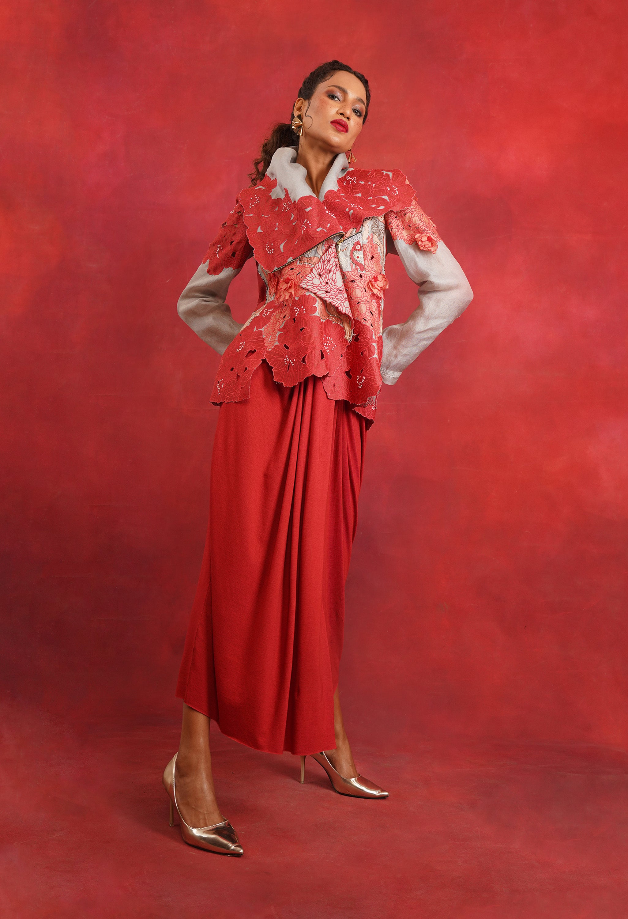 DRAPED COLLAR JACKET + DRAPED JERSY SKIRT