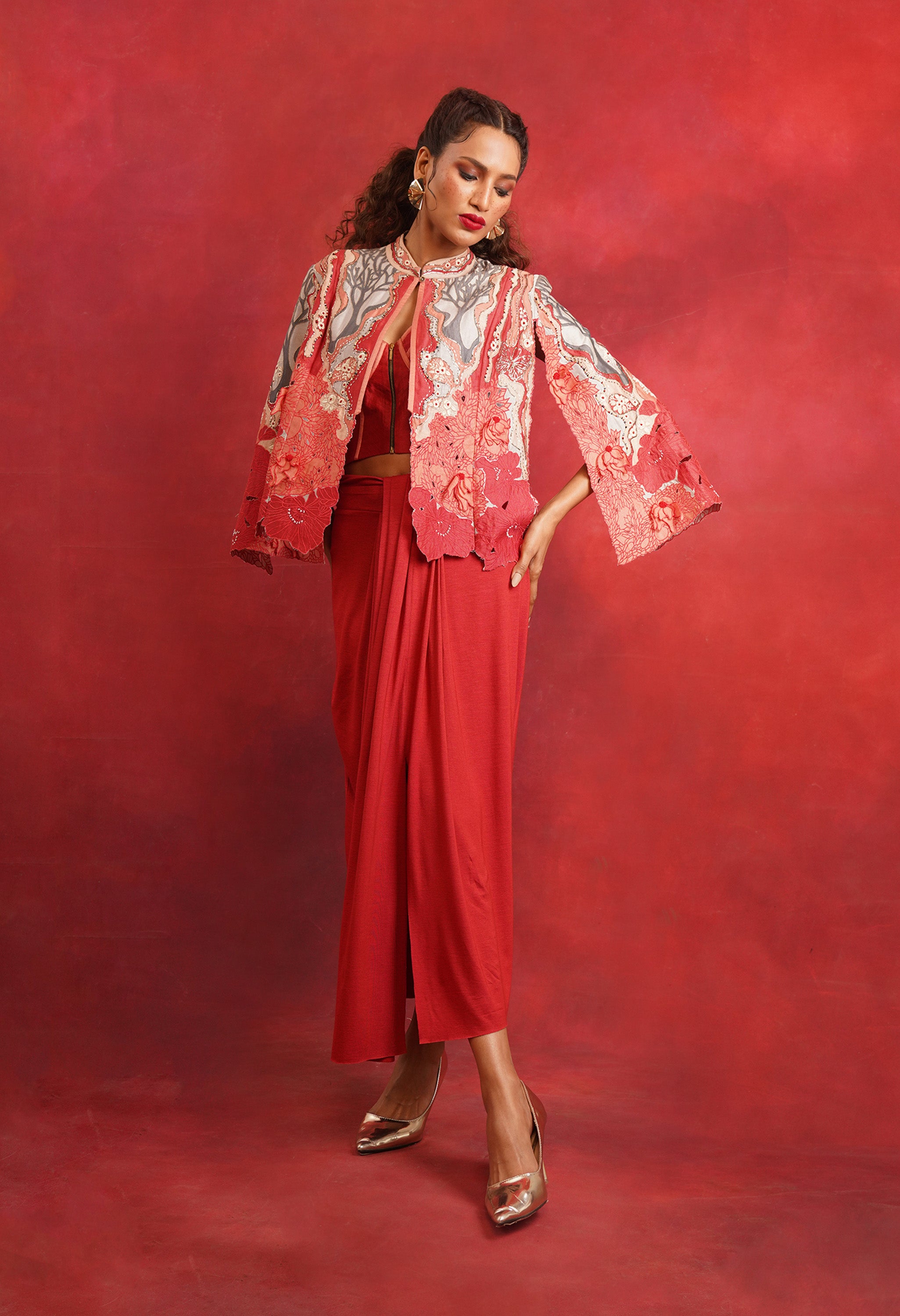 EMBROIDERED CAPE JACKET WITH DRAPED JERSY INNER
