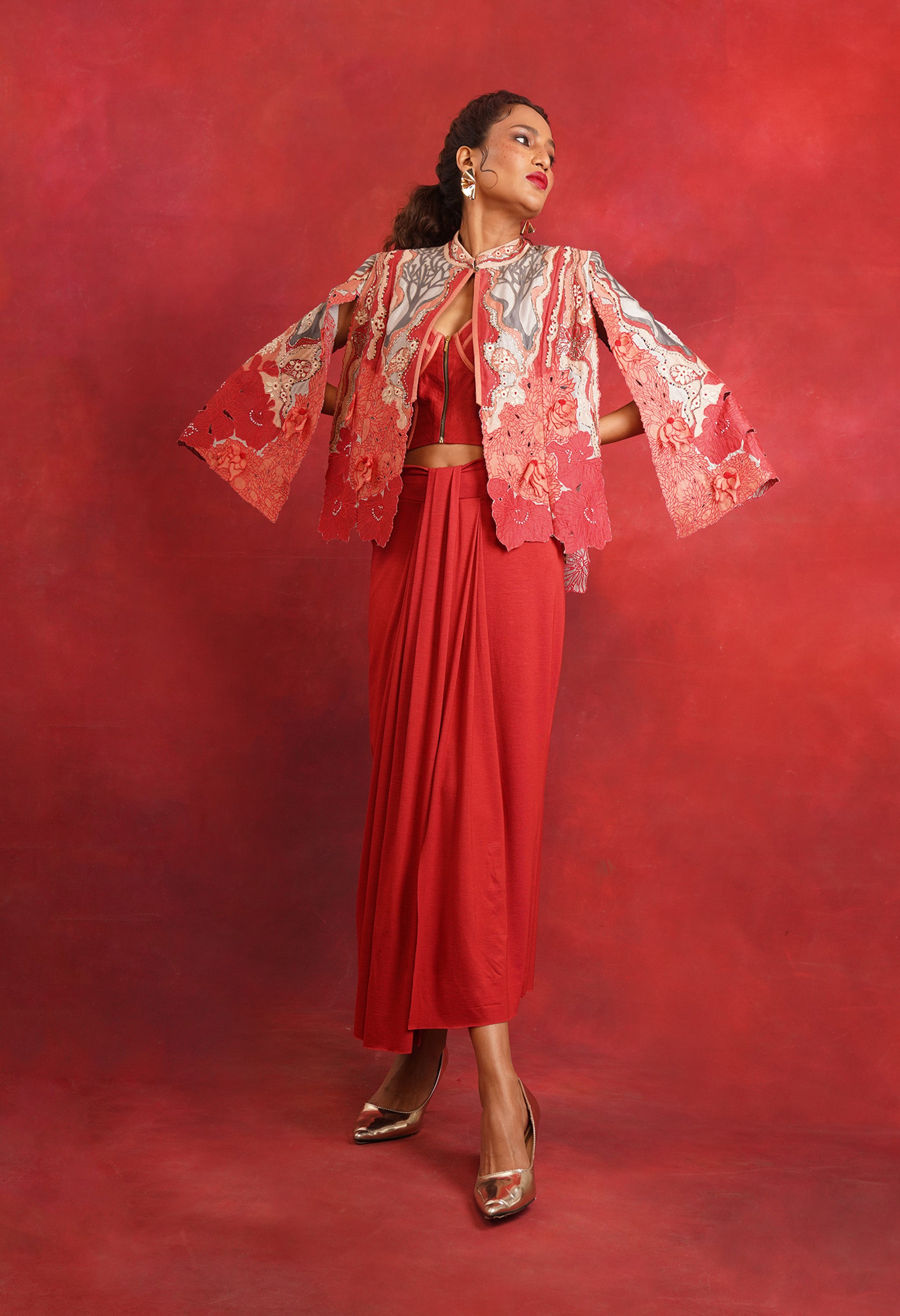 EMBROIDERED CAPE JACKET WITH DRAPED JERSY INNER