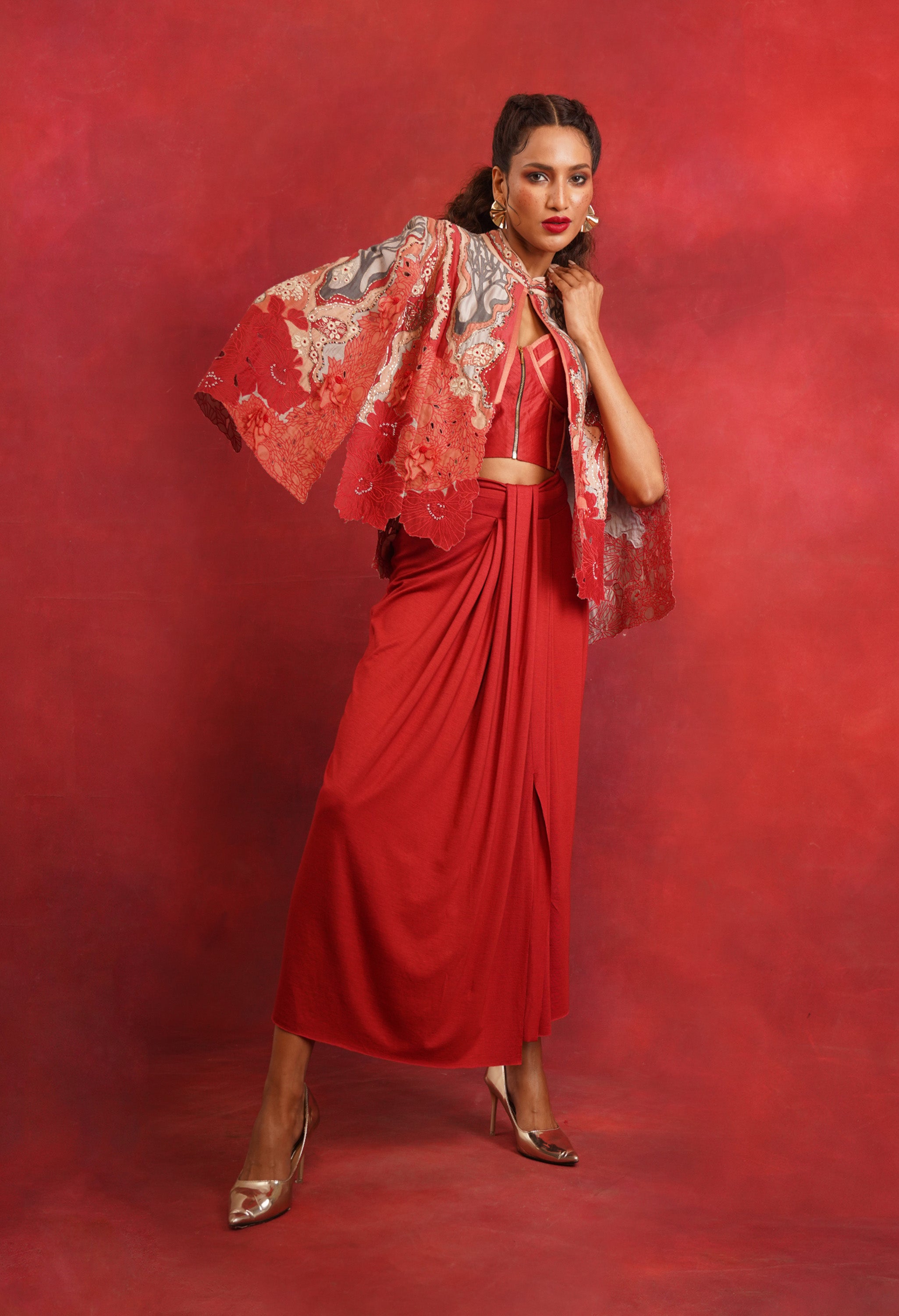 EMBROIDERED CAPE JACKET WITH DRAPED JERSY INNER