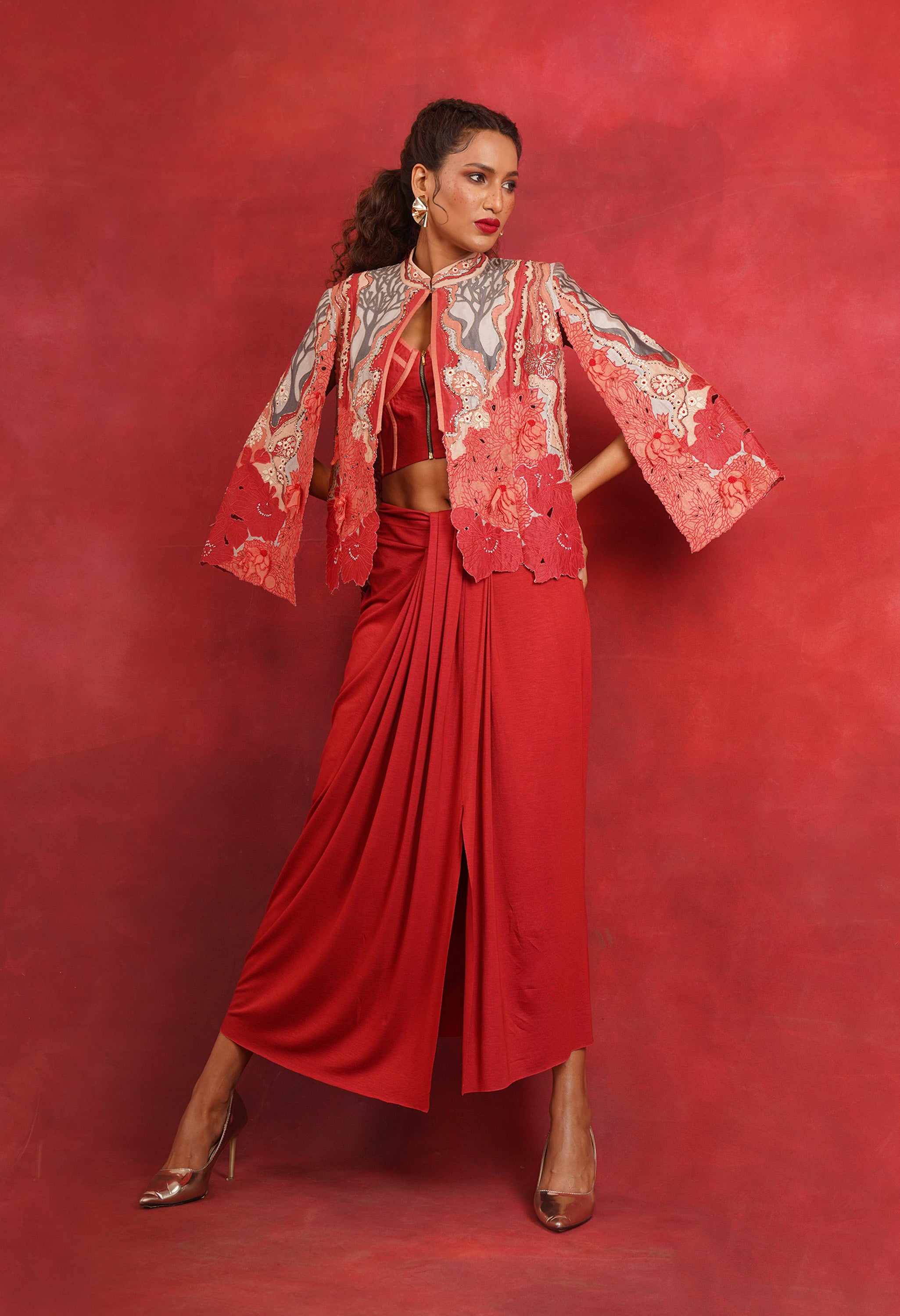 EMBROIDERED CAPE JACKET WITH DRAPED JERSY INNER