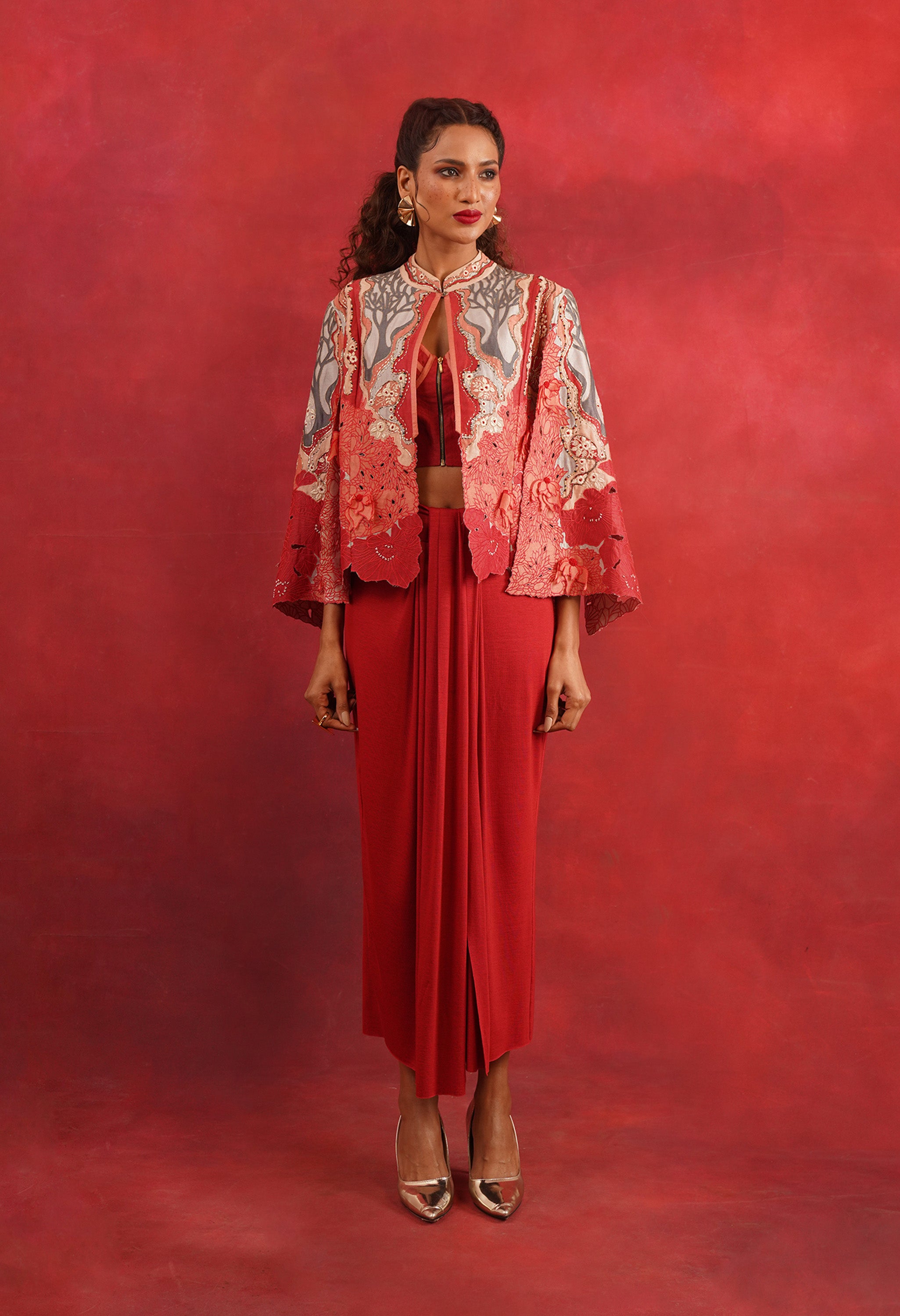 EMBROIDERED CAPE JACKET WITH DRAPED JERSY INNER