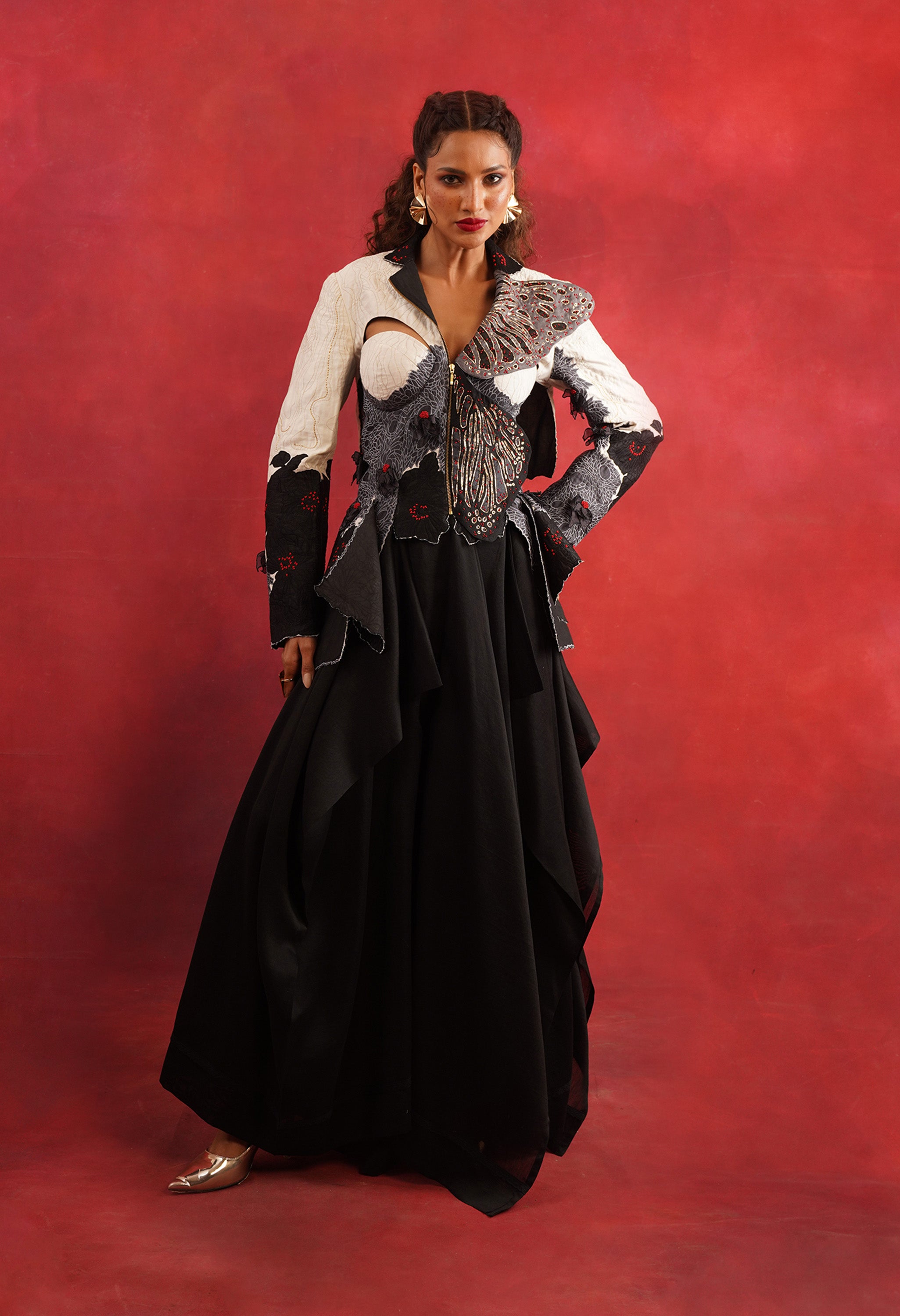 BUTTERFLY EMB BUSTIER JACKET WITH DRAPED SKIRT