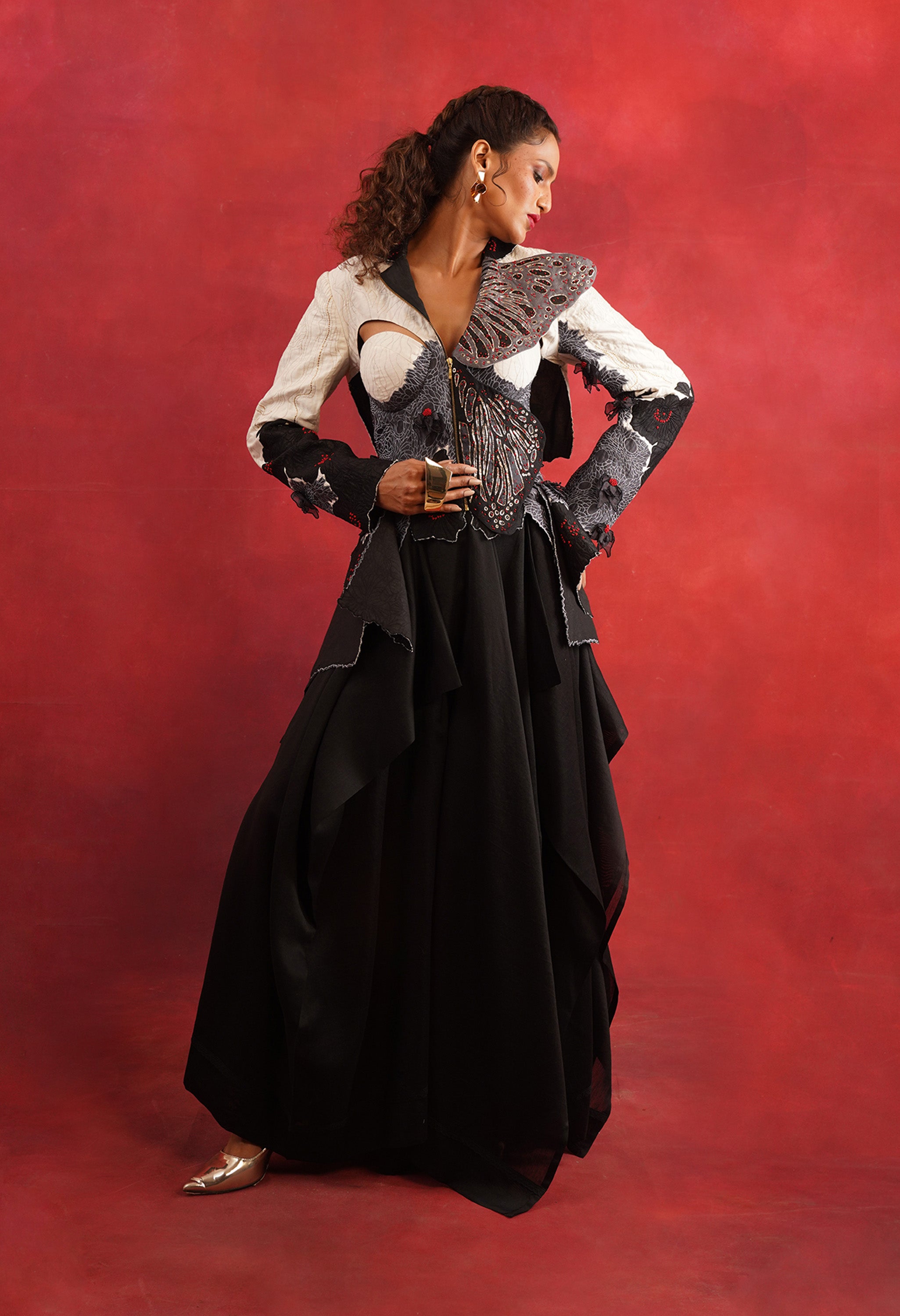 BUTTERFLY EMB BUSTIER JACKET WITH DRAPED SKIRT