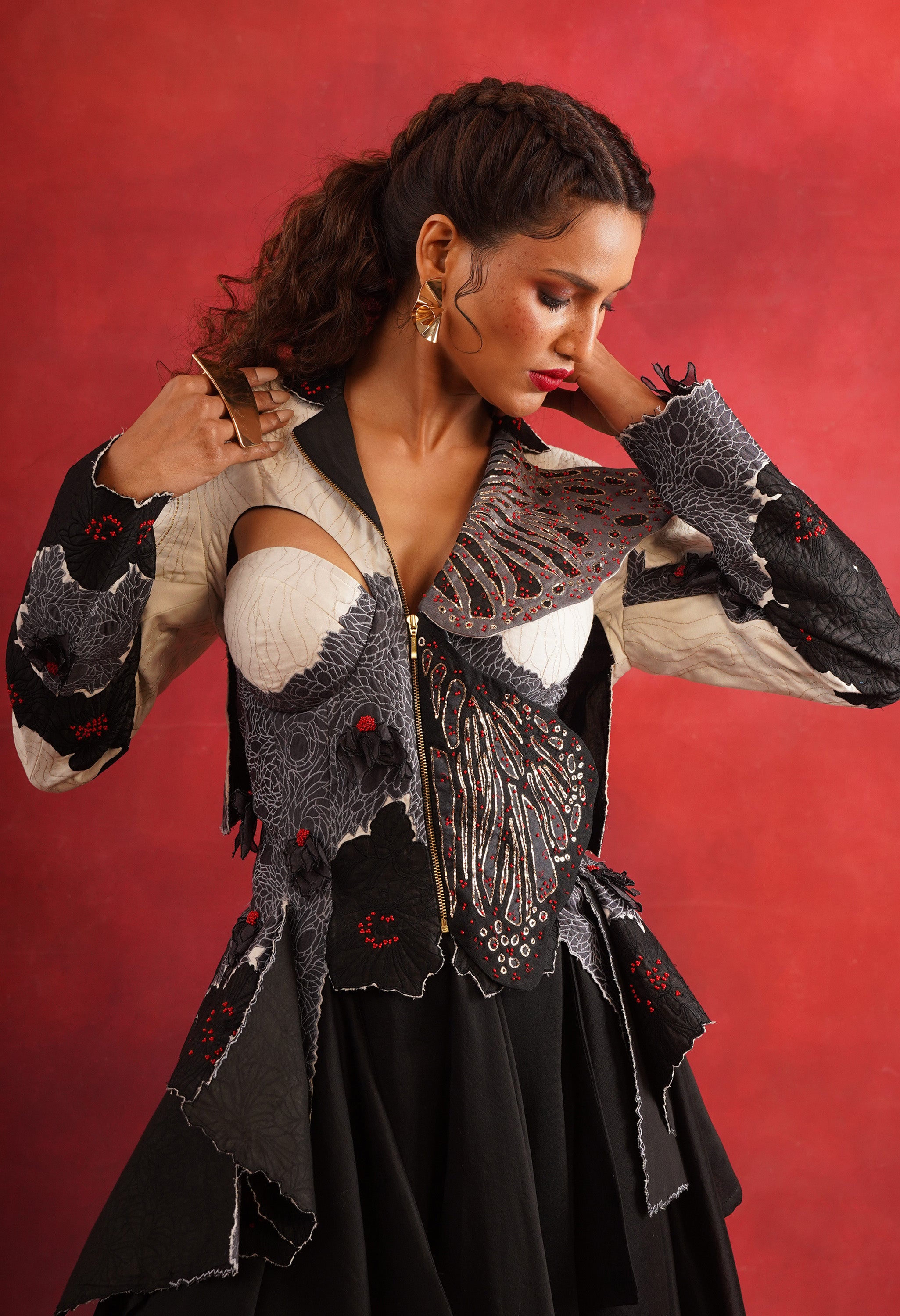BUTTERFLY EMB BUSTIER JACKET WITH DRAPED SKIRT