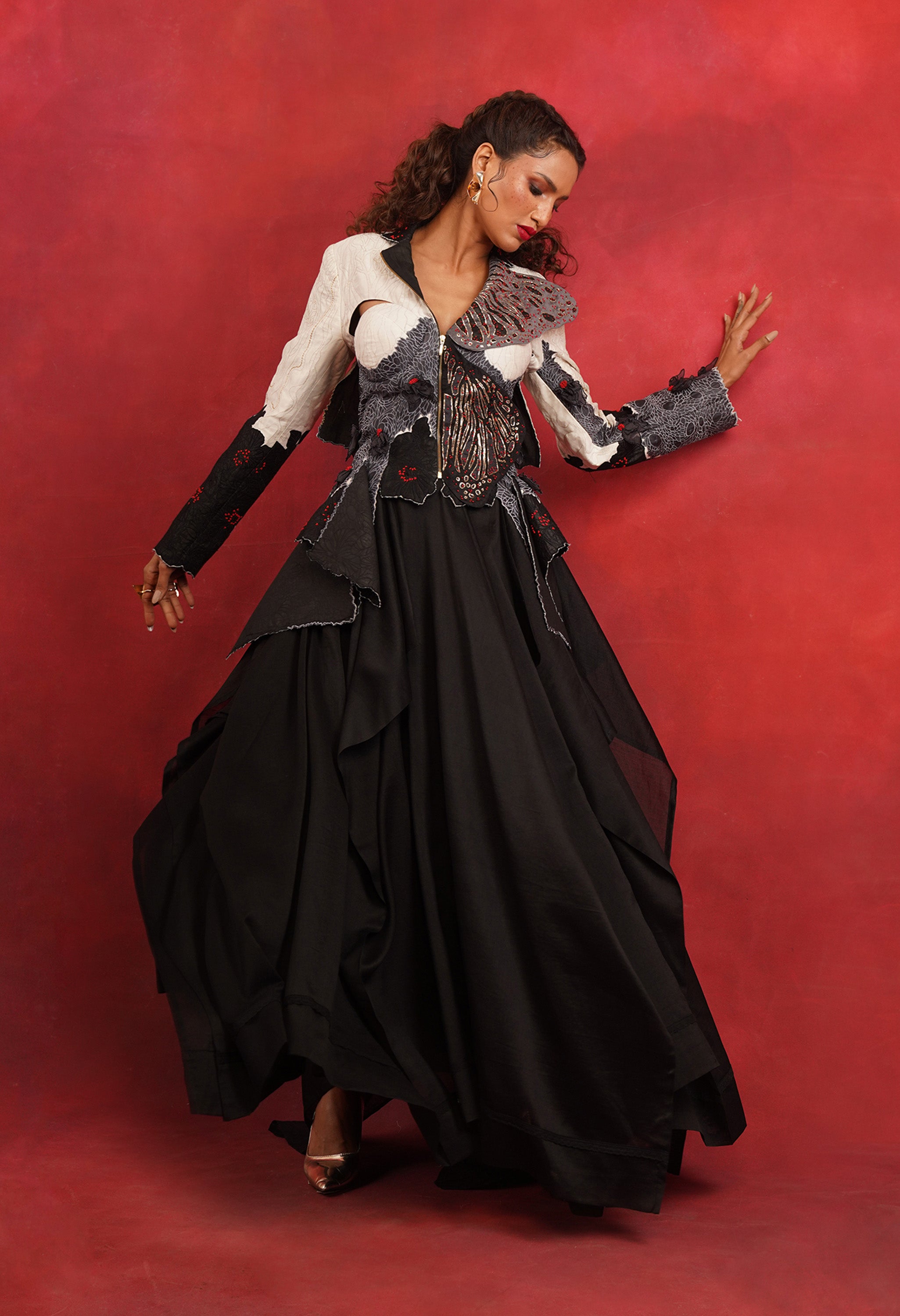 BUTTERFLY EMB BUSTIER JACKET WITH DRAPED SKIRT