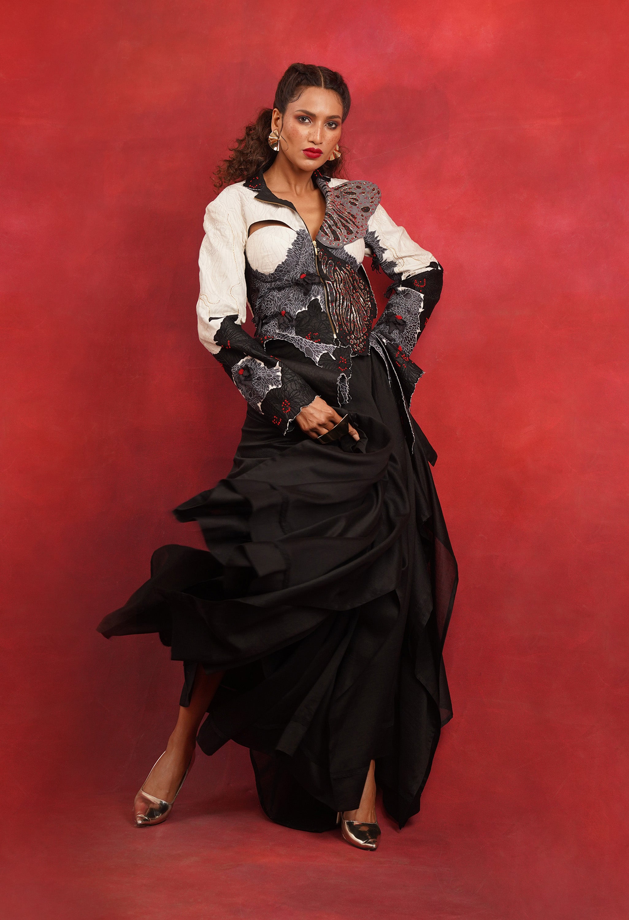 BUTTERFLY EMB BUSTIER JACKET WITH DRAPED SKIRT