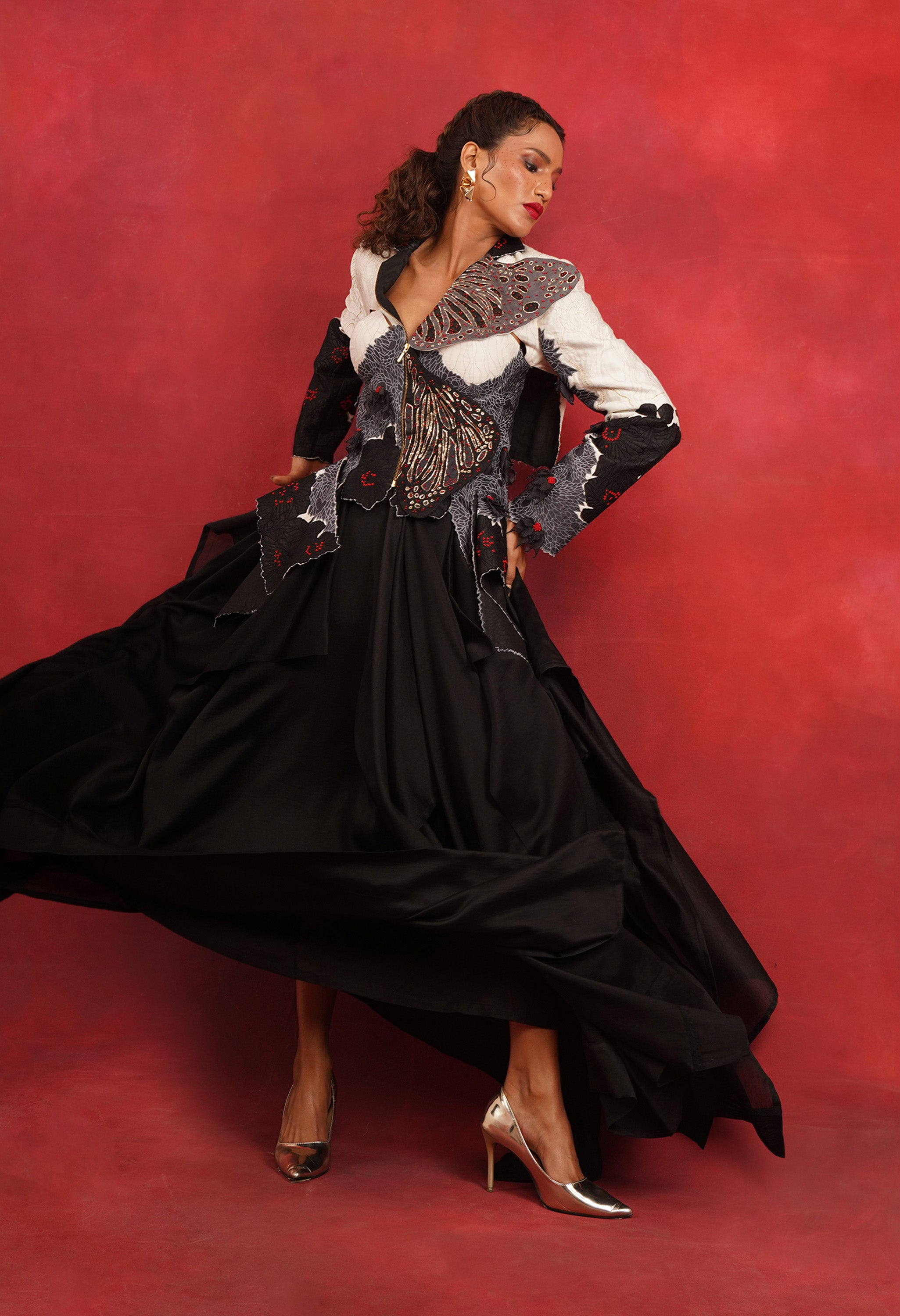 BUTTERFLY EMB BUSTIER JACKET WITH DRAPED SKIRT