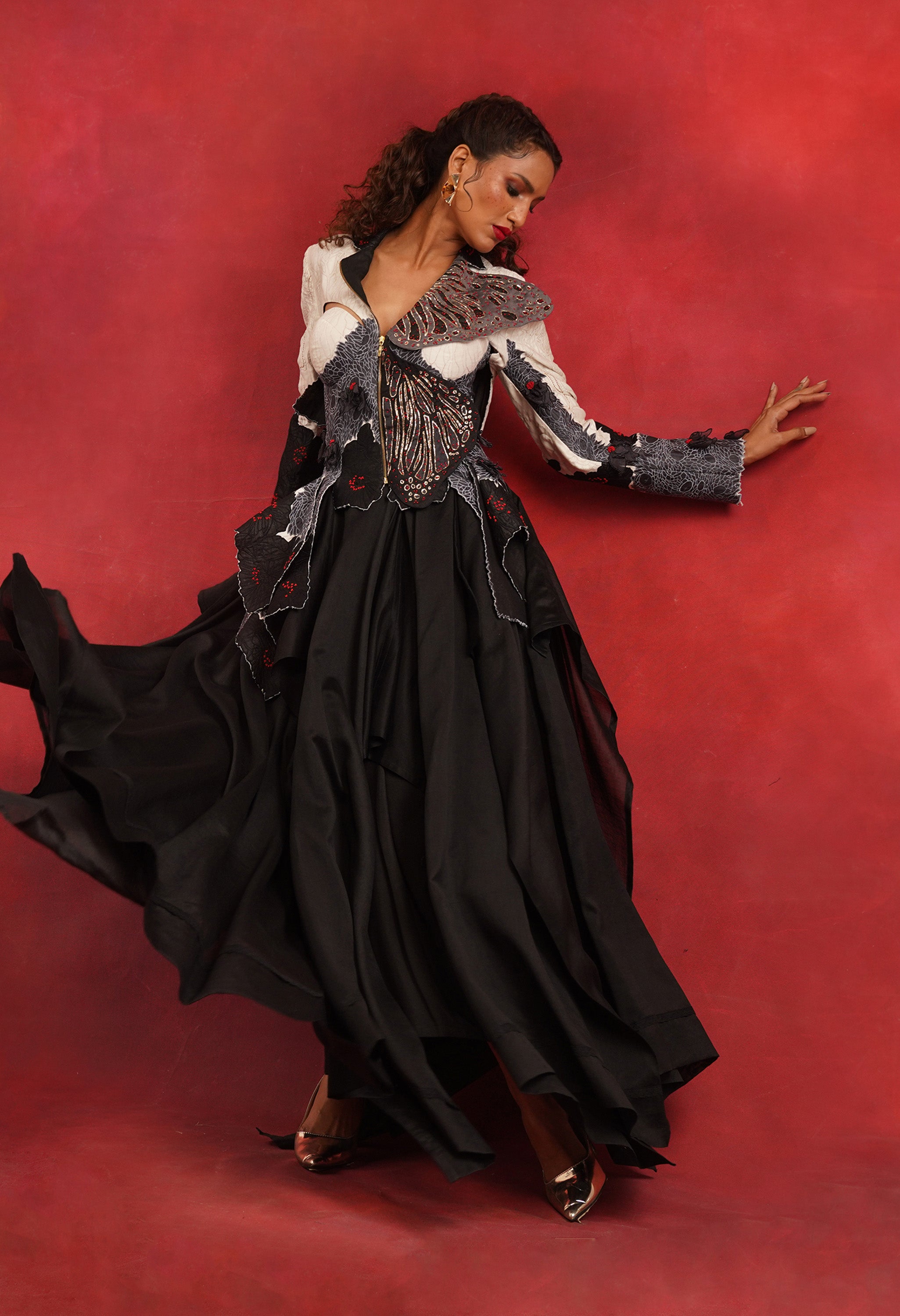 BUTTERFLY EMB BUSTIER JACKET WITH DRAPED SKIRT