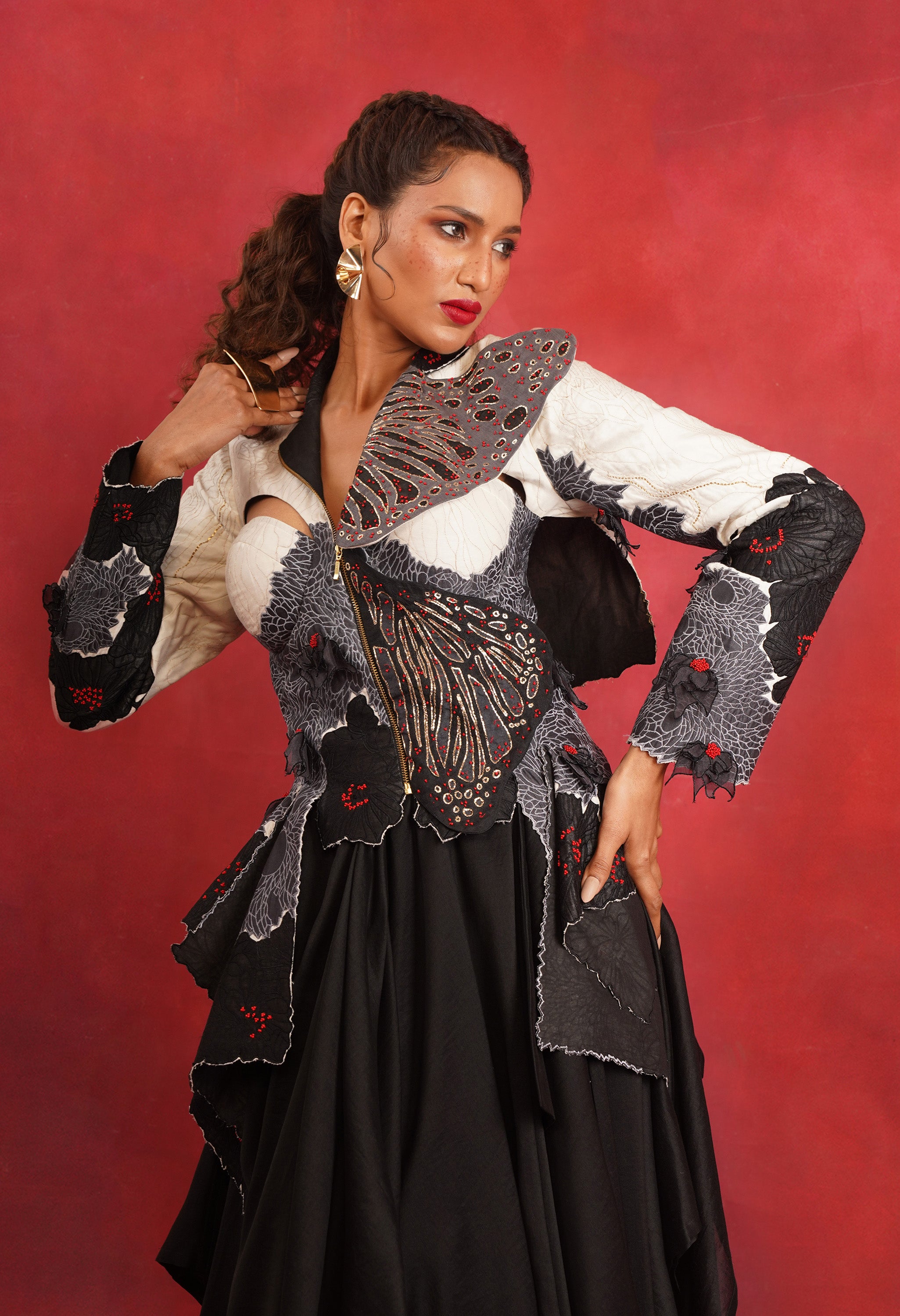 BUTTERFLY EMB BUSTIER JACKET WITH DRAPED SKIRT