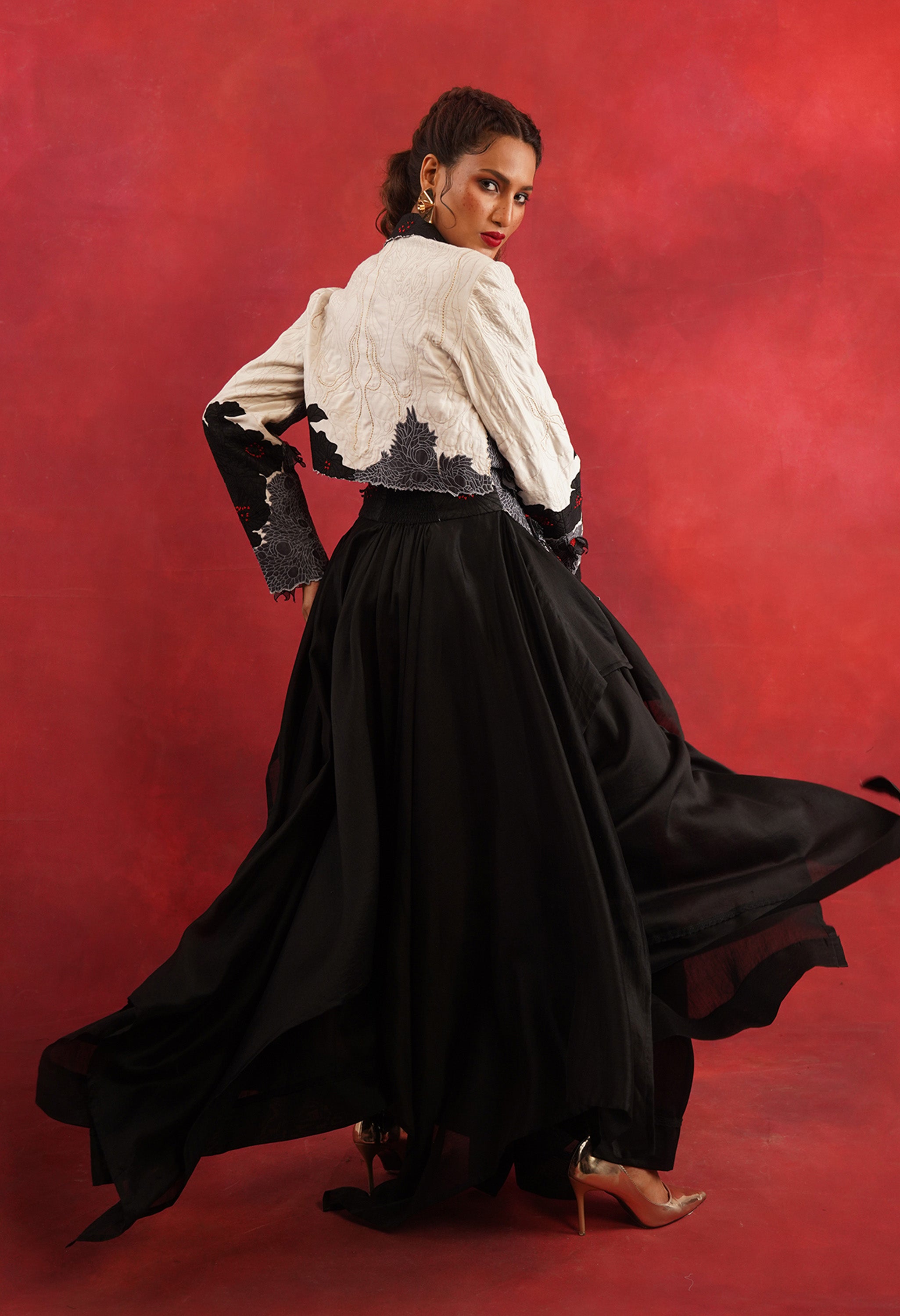 BUTTERFLY EMB BUSTIER JACKET WITH DRAPED SKIRT