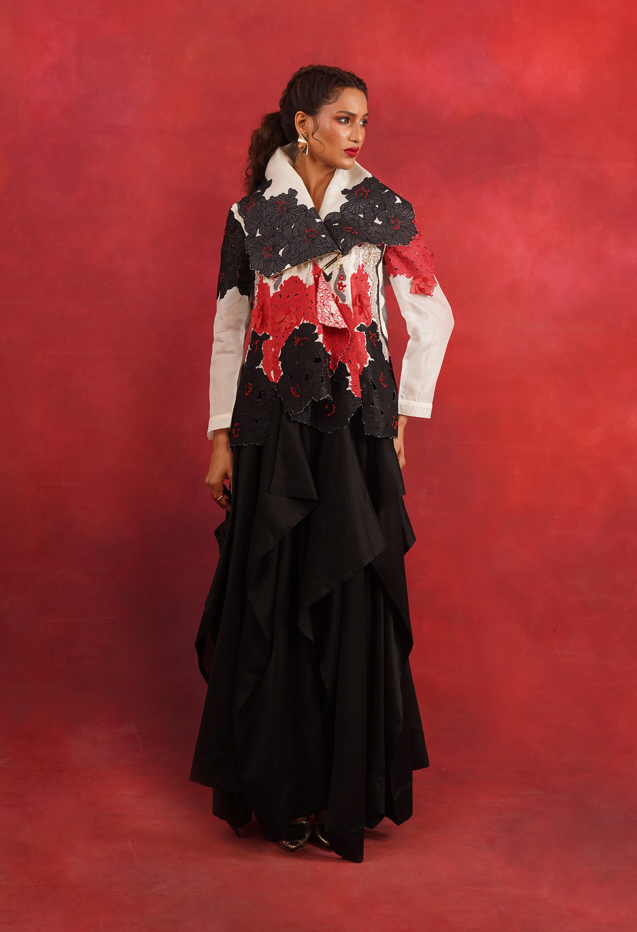 DRAPED COLLAR JACKET + DRAPED SKIRT