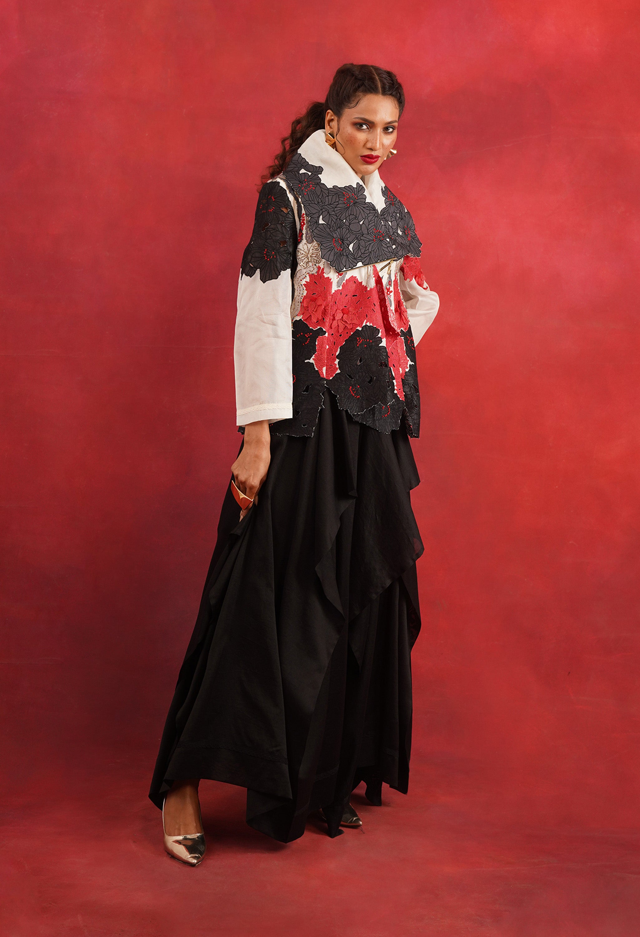 DRAPED COLLAR JACKET + DRAPED SKIRT
