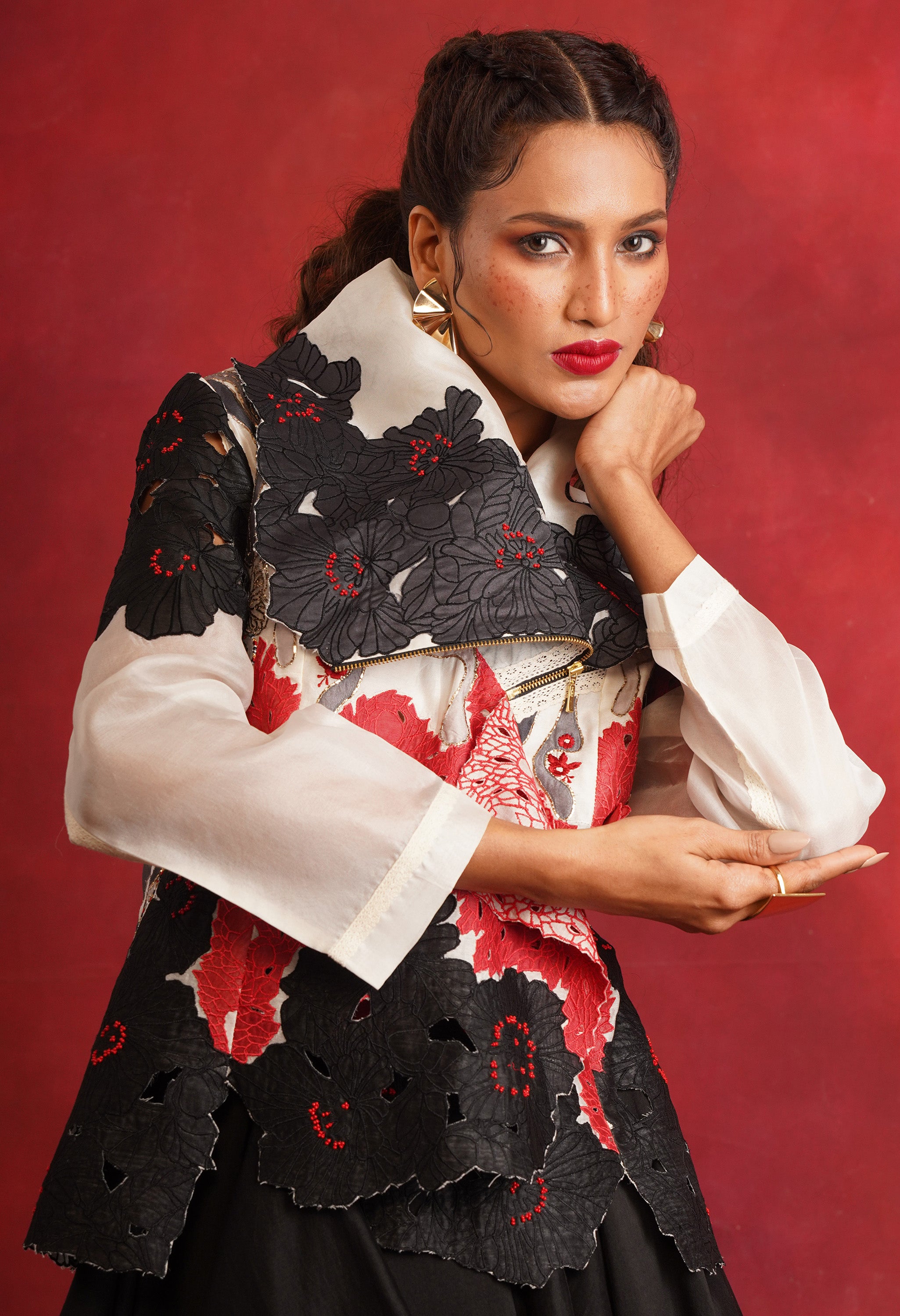 DRAPED COLLAR JACKET + DRAPED SKIRT