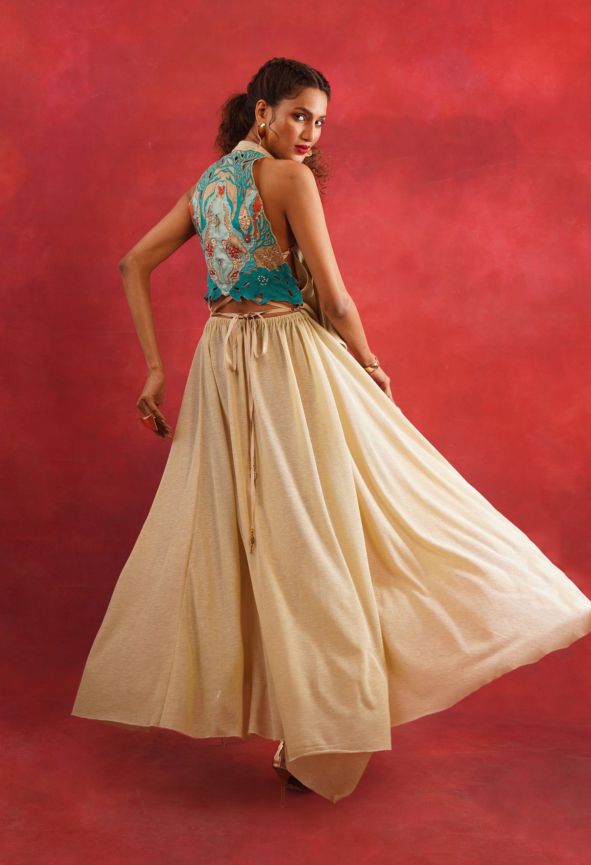 DRAPED LUREX JERSEY DRESS WITH EMB BACK