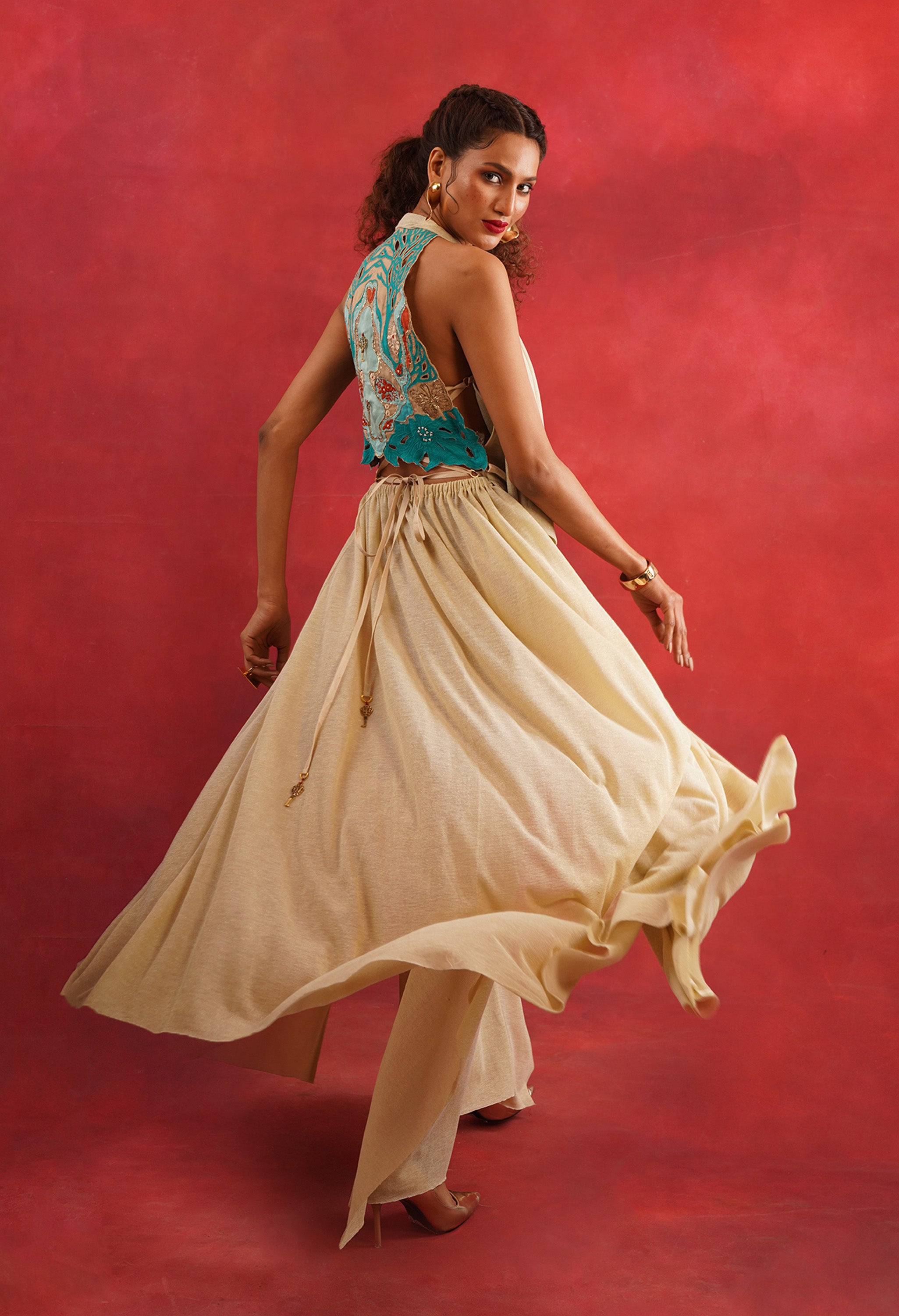 DRAPED LUREX JERSEY DRESS WITH EMB BACK