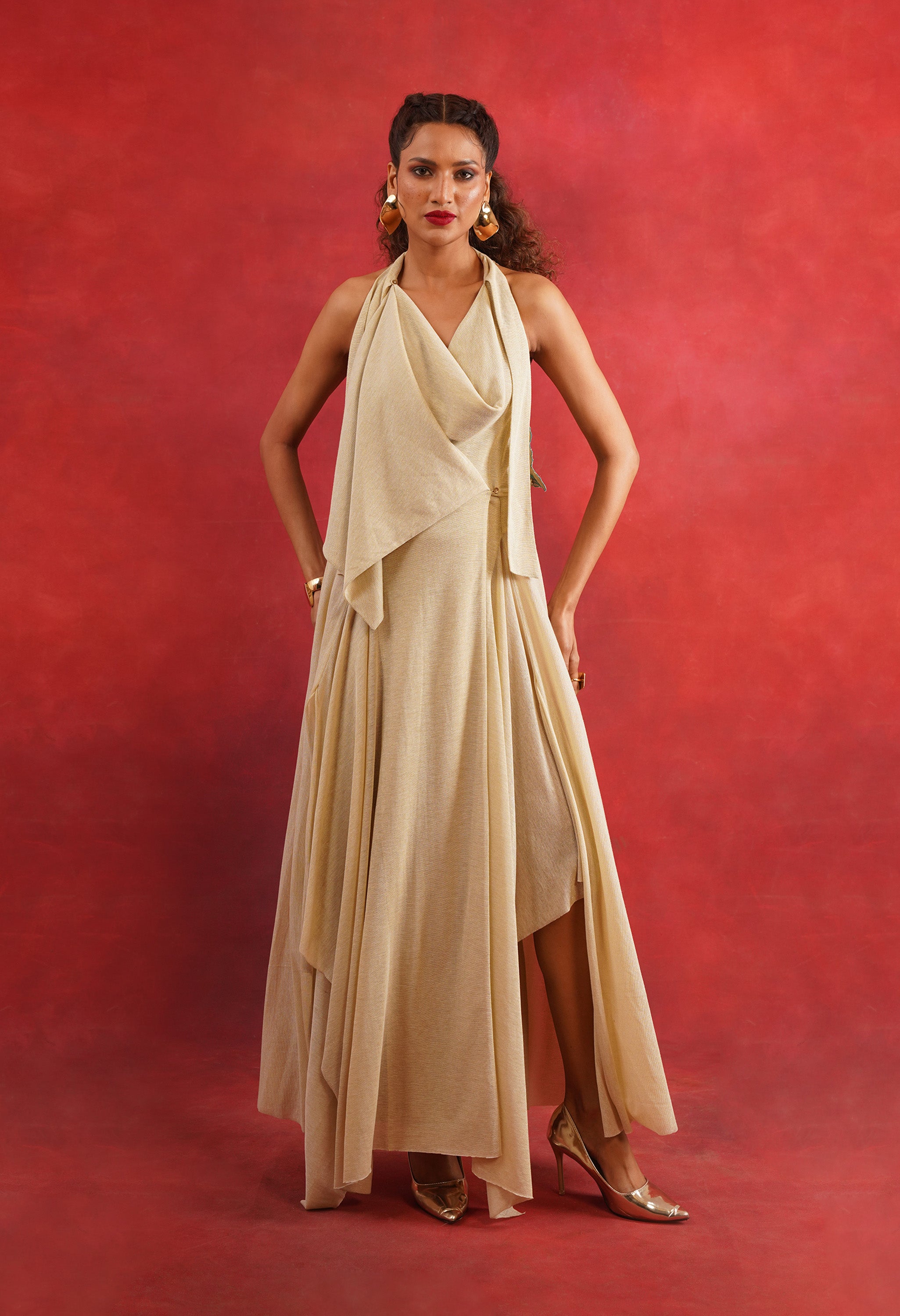 DRAPED LUREX JERSEY DRESS WITH EMB BACK