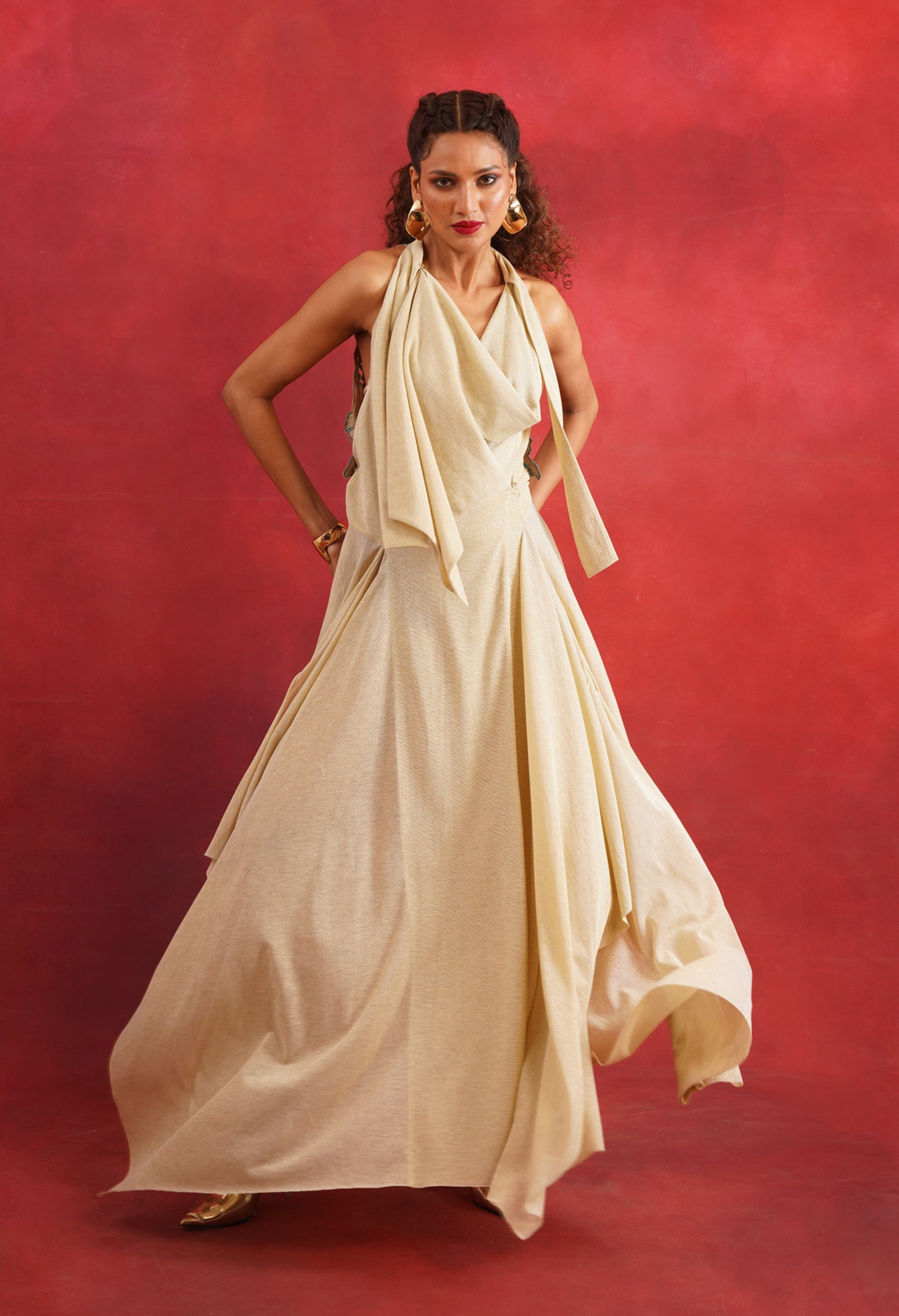 DRAPED LUREX JERSEY DRESS WITH EMB BACK