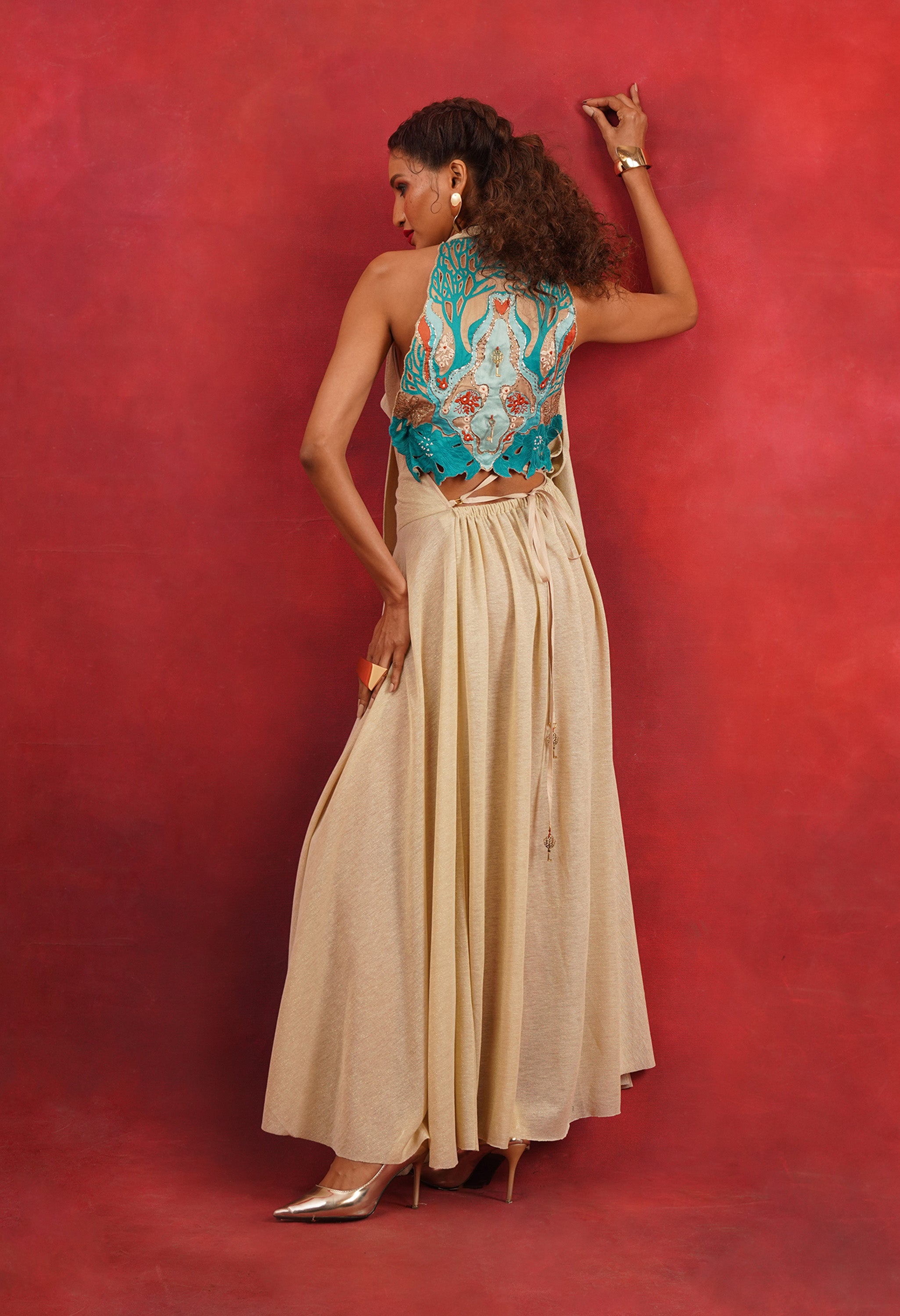 DRAPED LUREX JERSEY DRESS WITH EMB BACK