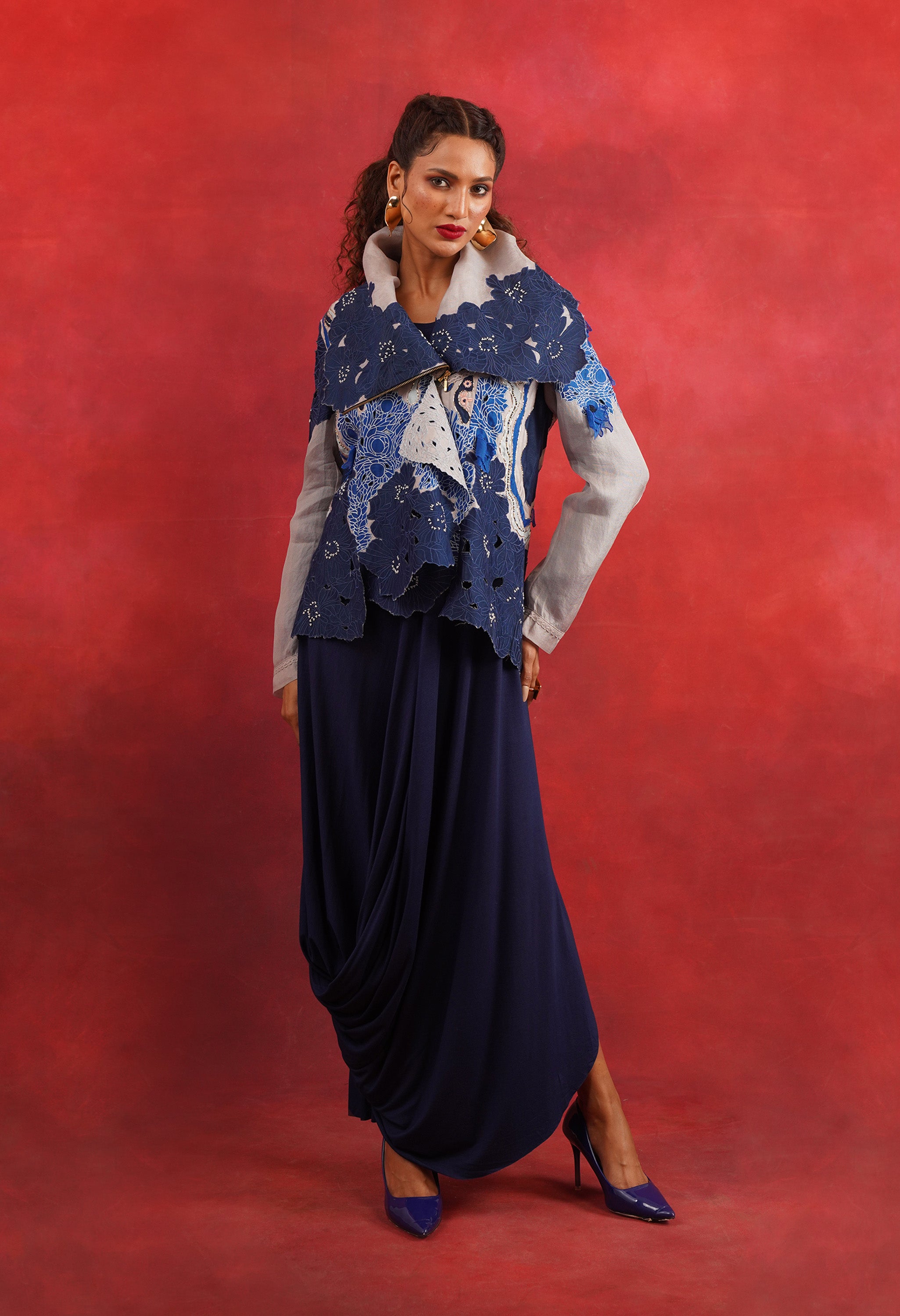 DRAPED COLLAR JACKET + DRAPED JERSY SKIRT