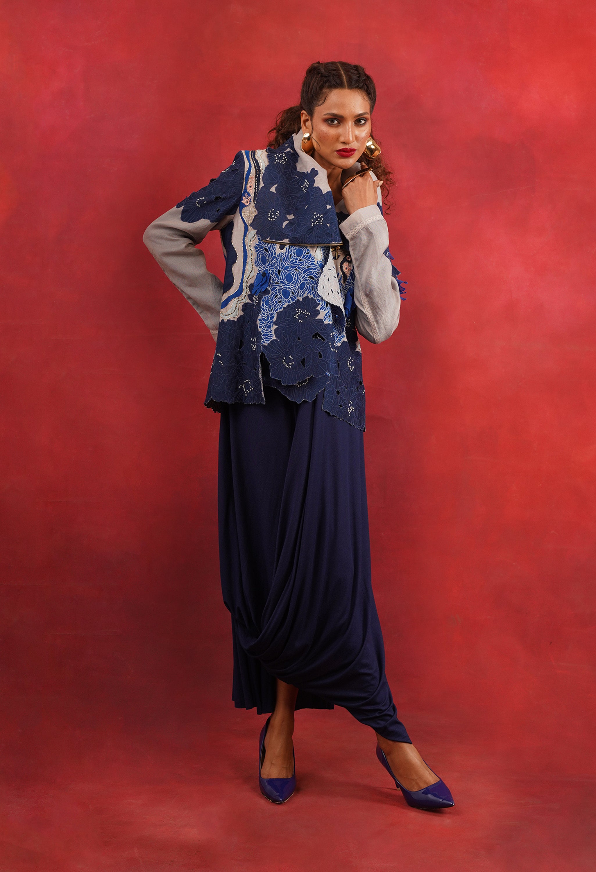 DRAPED COLLAR JACKET + DRAPED JERSY SKIRT