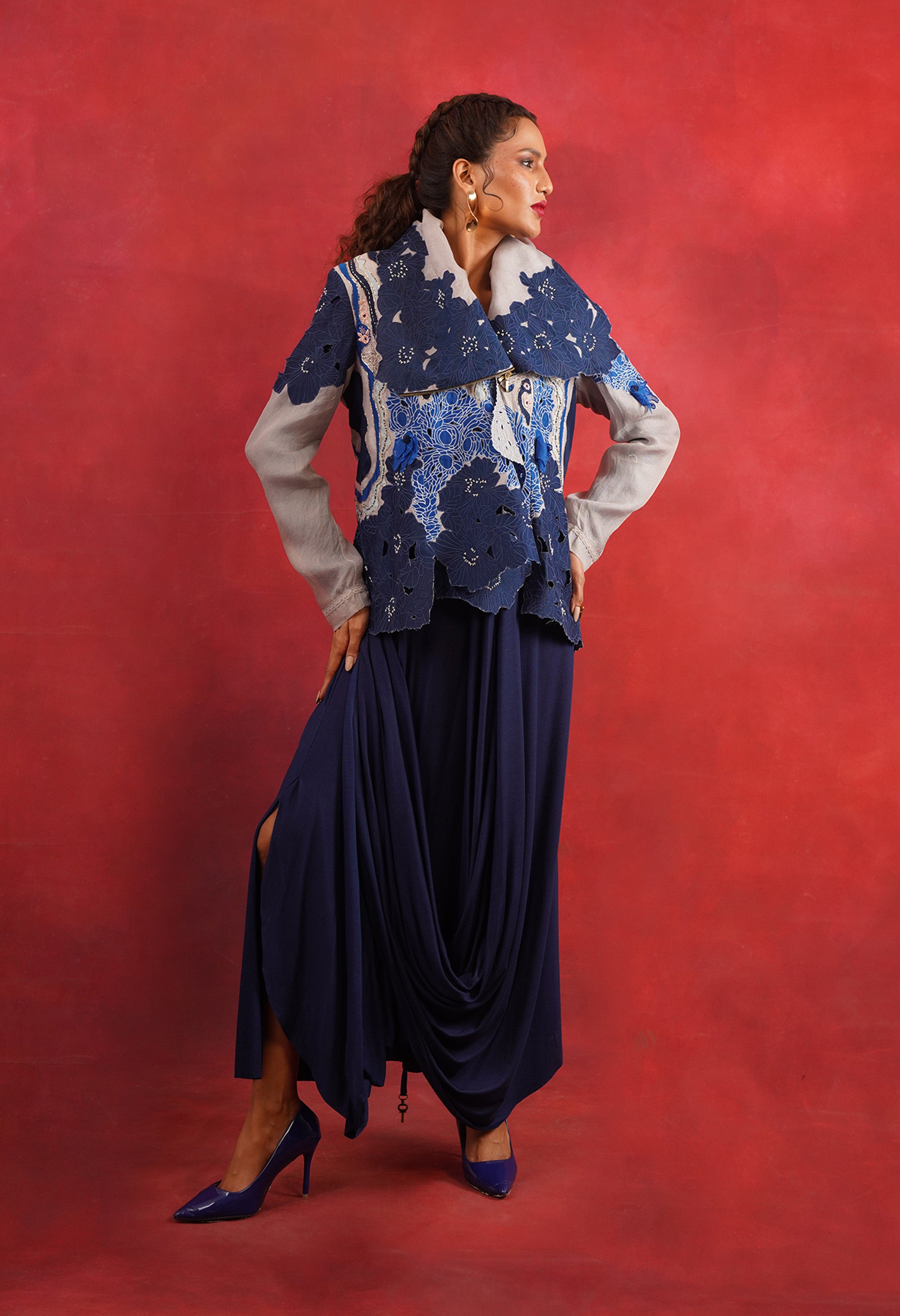 DRAPED COLLAR JACKET + DRAPED JERSY SKIRT