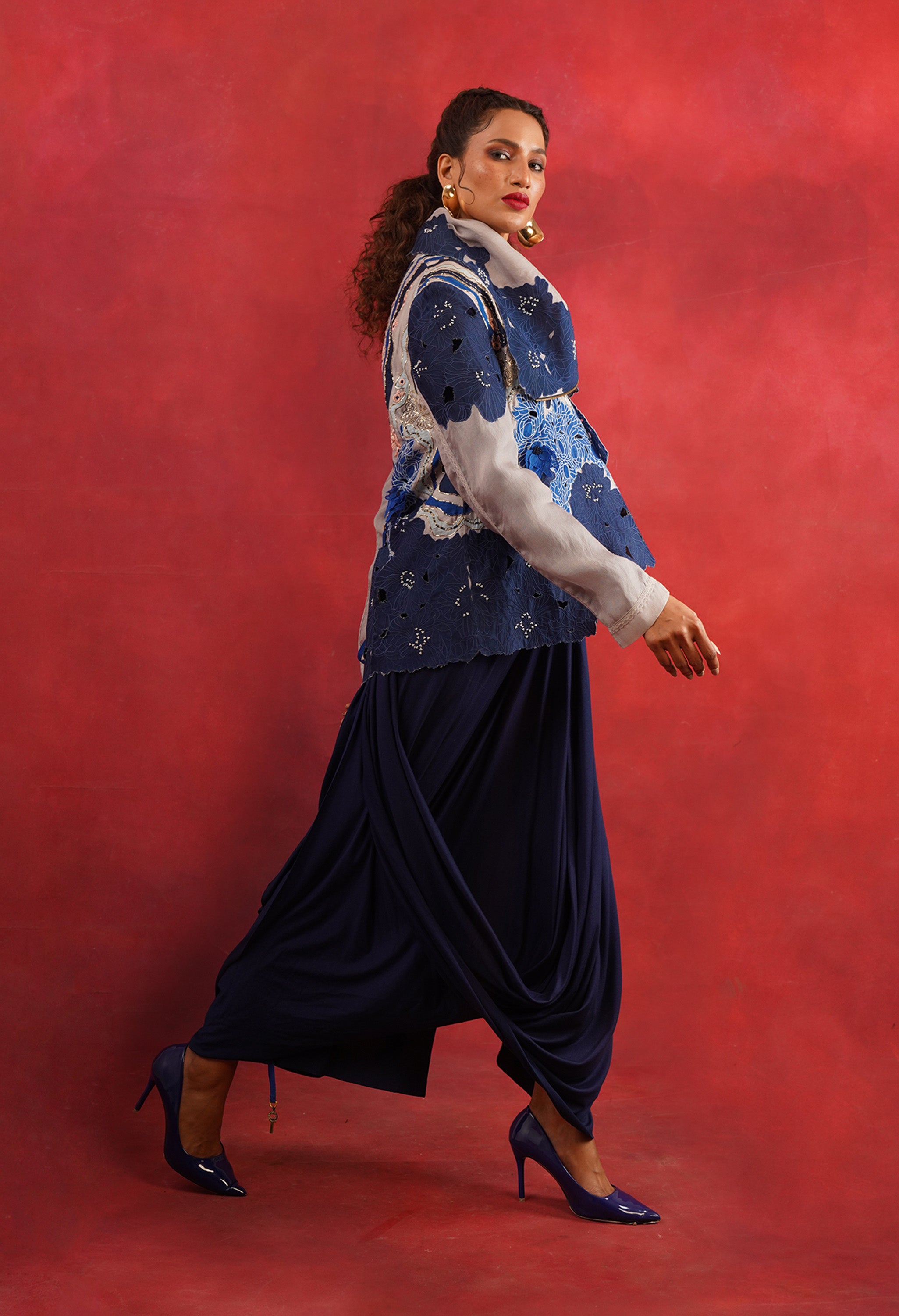 DRAPED COLLAR JACKET + DRAPED JERSY SKIRT