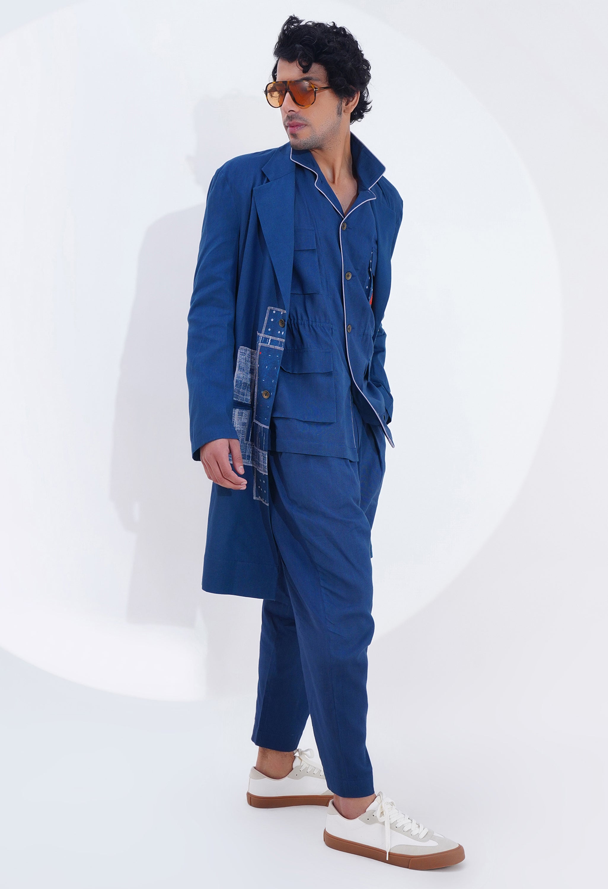 PLAIN LAPEL LONG JACKET WITH POJAGI PATCH WORK DETAILING