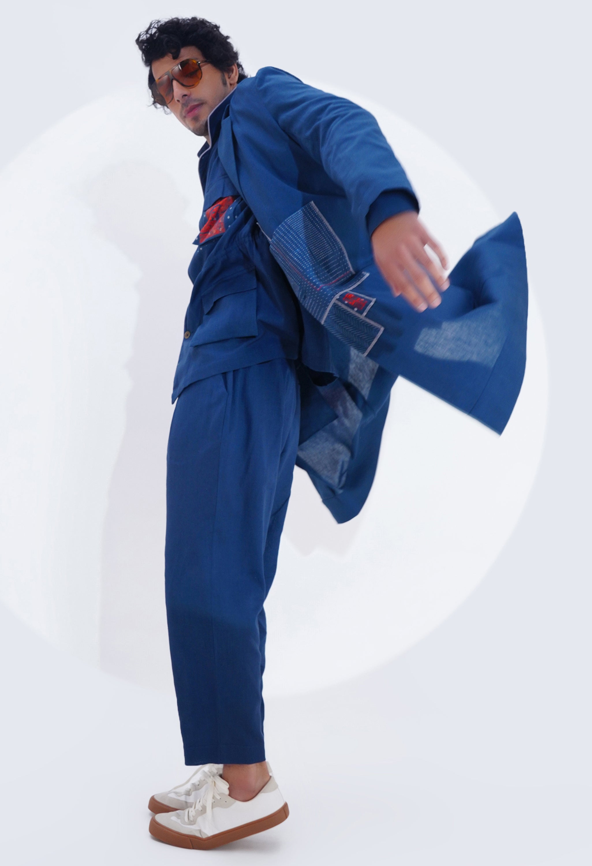 PLAIN LAPEL LONG JACKET WITH POJAGI PATCH WORK DETAILING