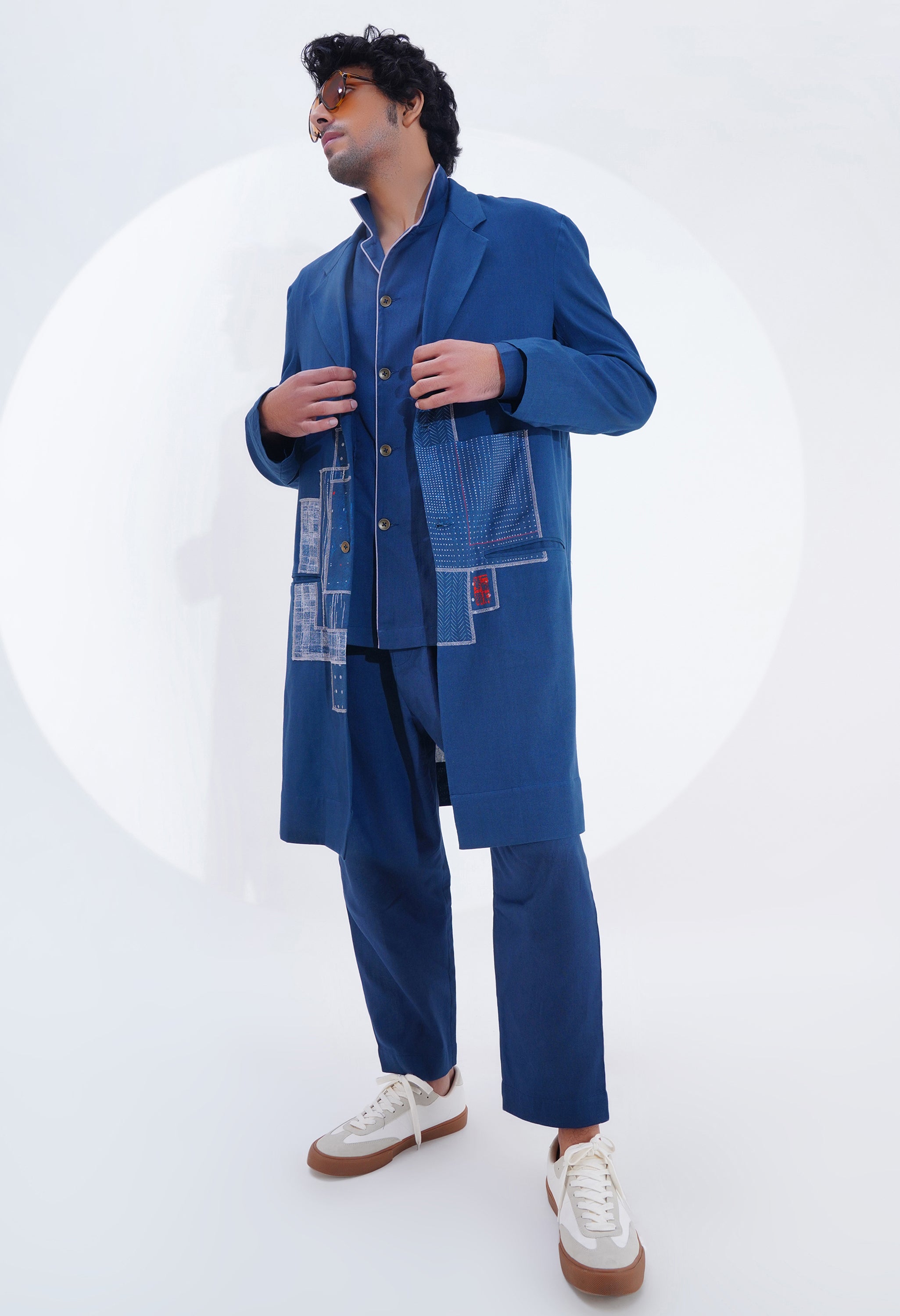 PLAIN LAPEL LONG JACKET WITH POJAGI PATCH WORK DETAILING