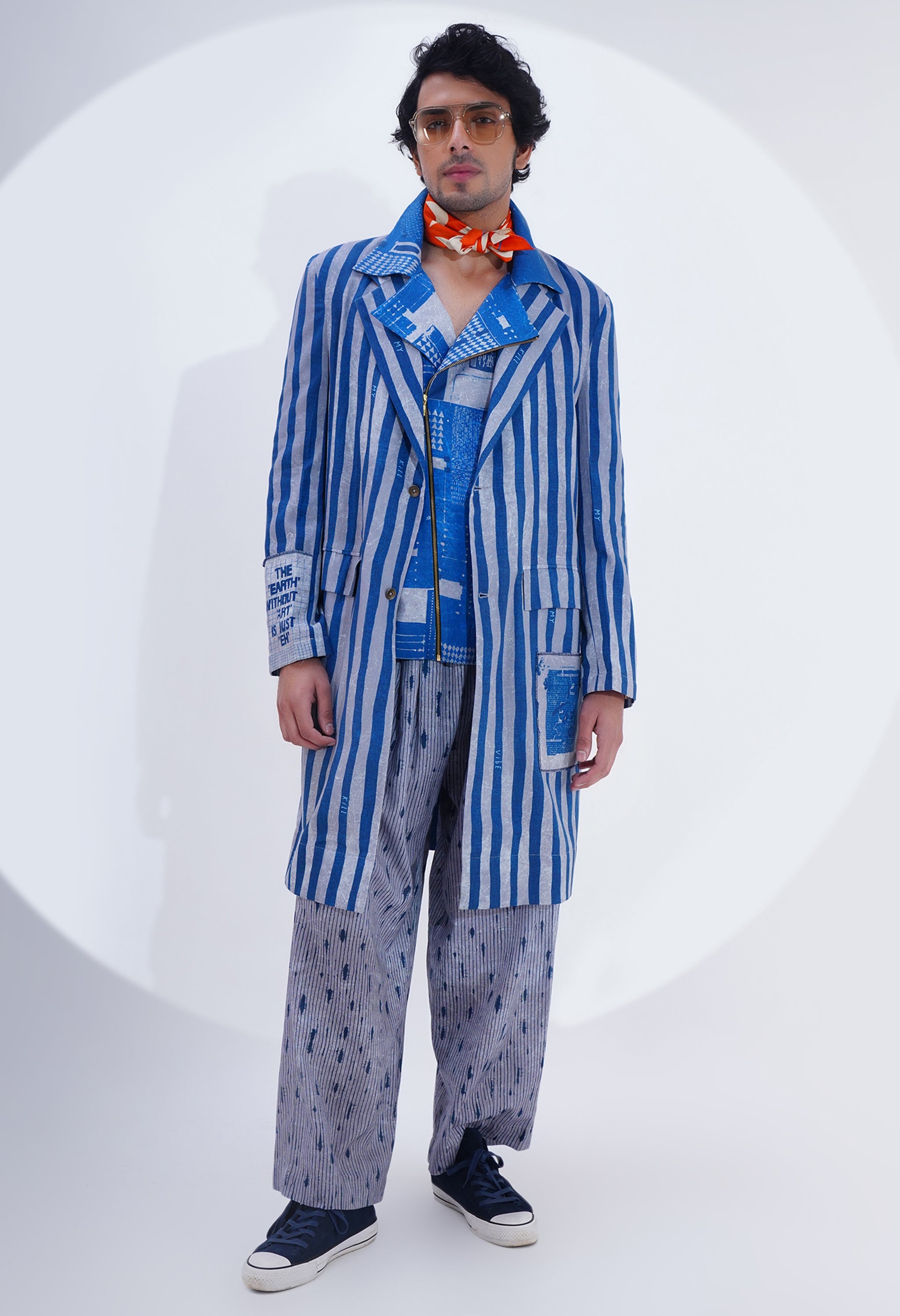 STRIPED PRINTED LAPEL LONG JACKET