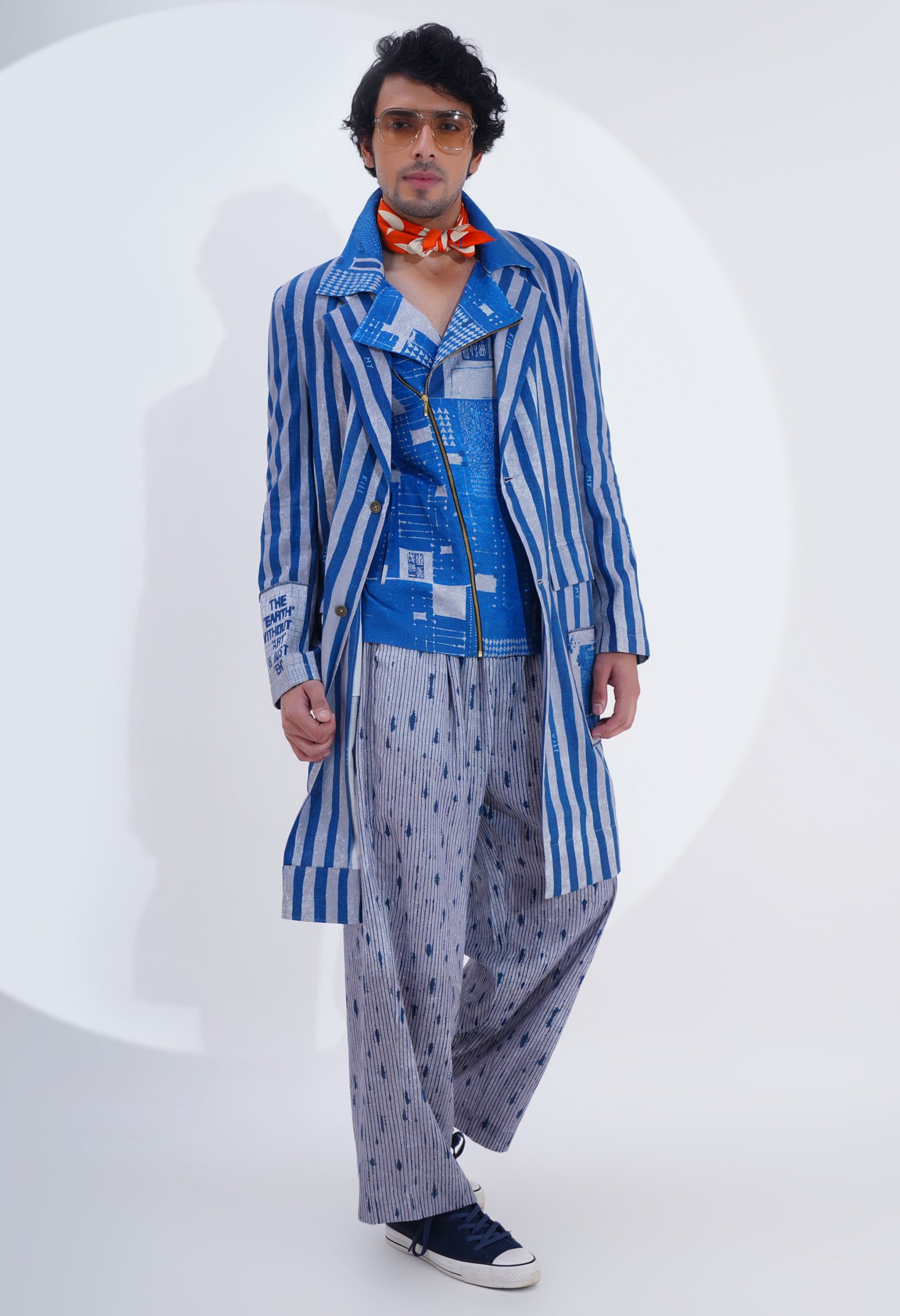 STRIPED PRINTED LAPEL LONG JACKET
