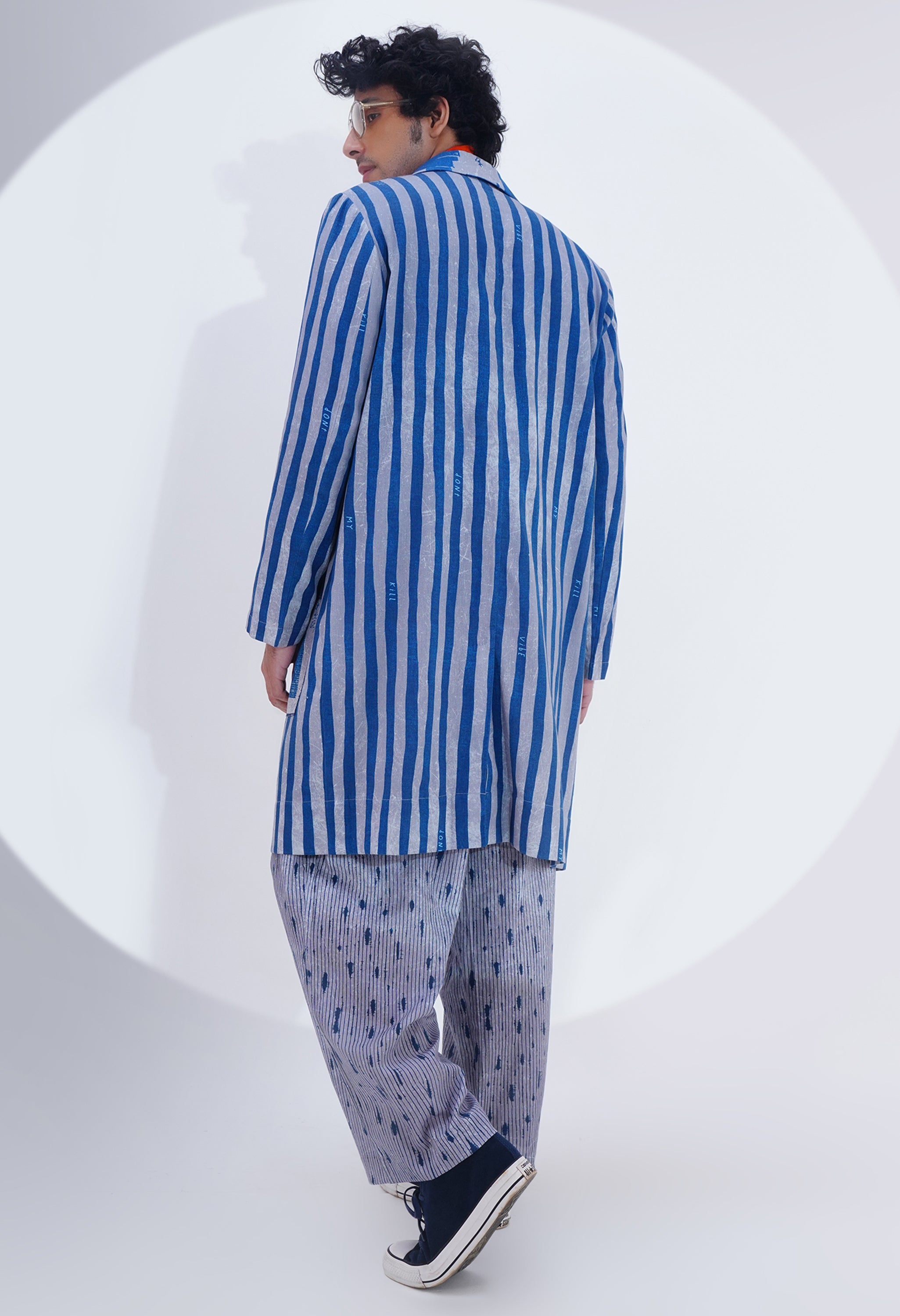 STRIPED PRINTED LAPEL LONG JACKET