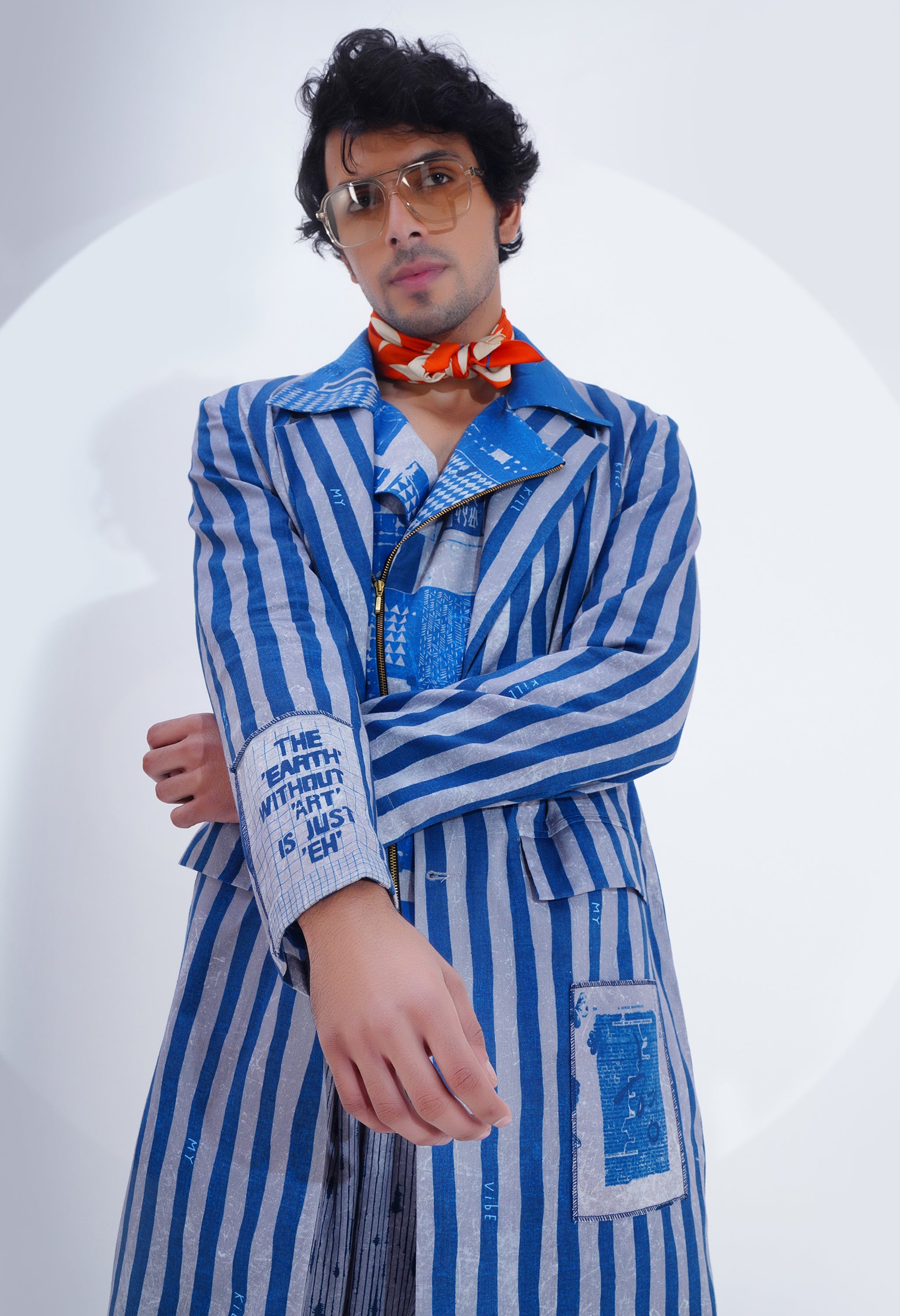 STRIPED PRINTED LAPEL LONG JACKET