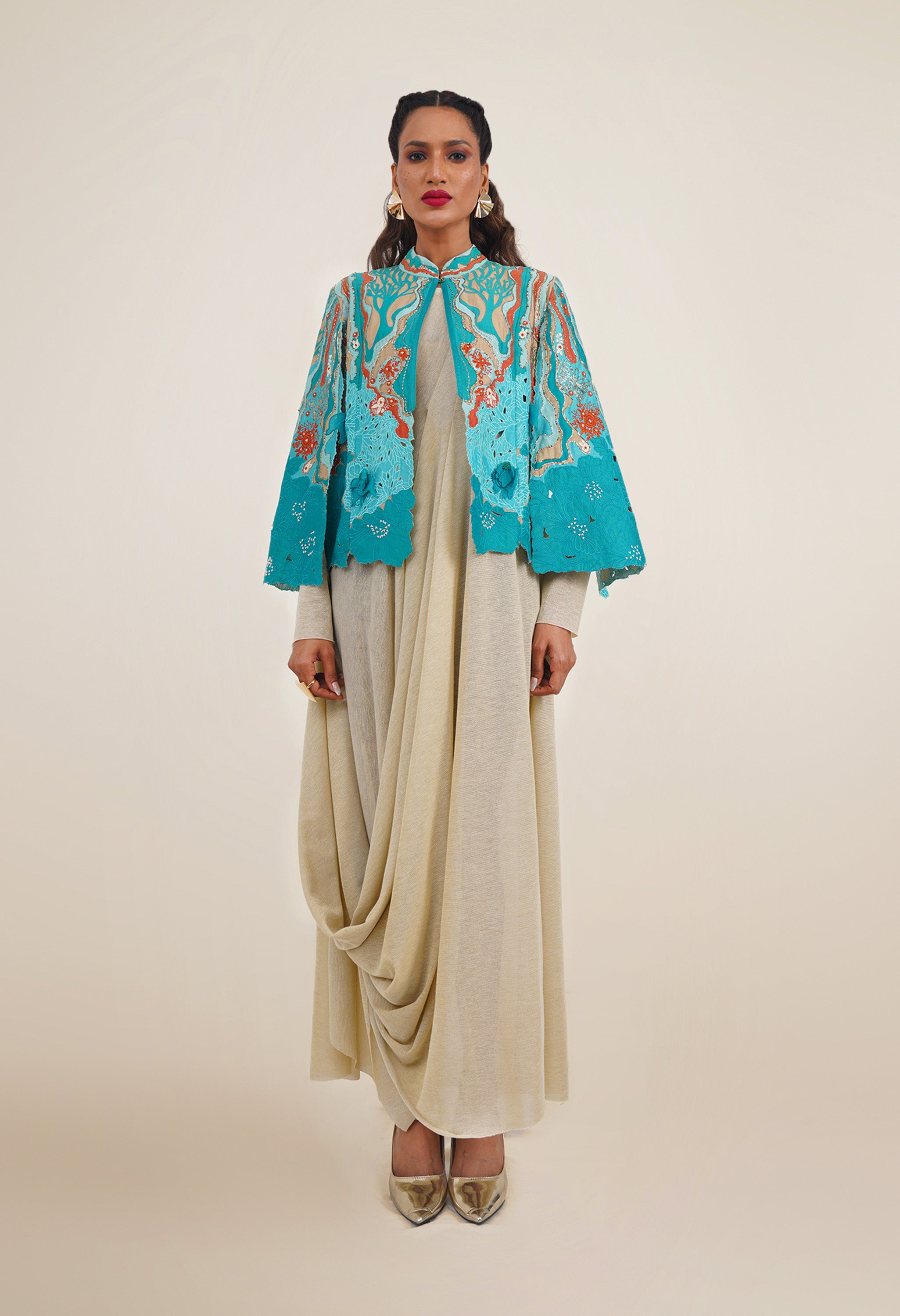 EMBROIDERED CAPE JACKET WITH DRAPED JERSY INNER