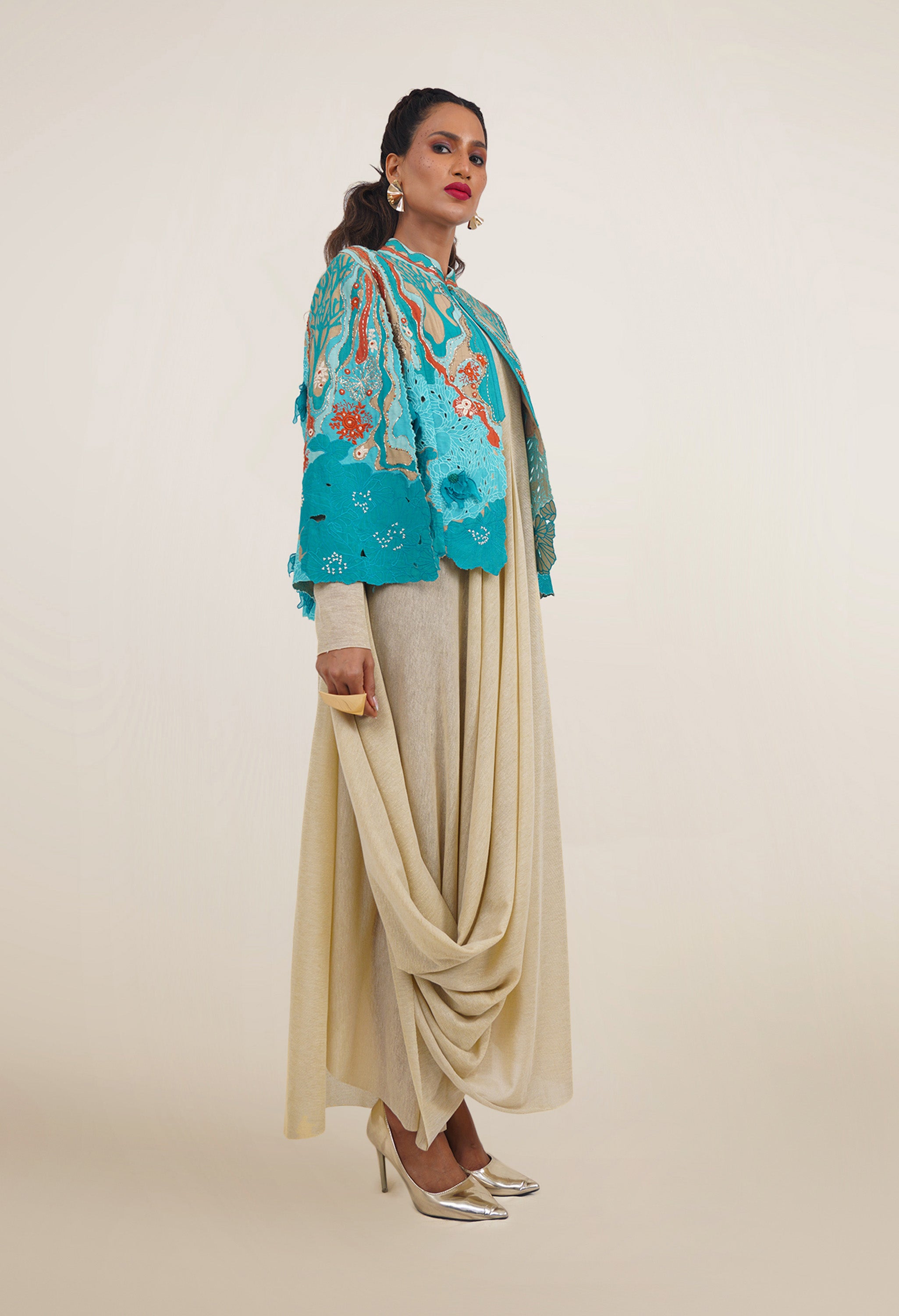EMBROIDERED CAPE JACKET WITH DRAPED JERSY INNER