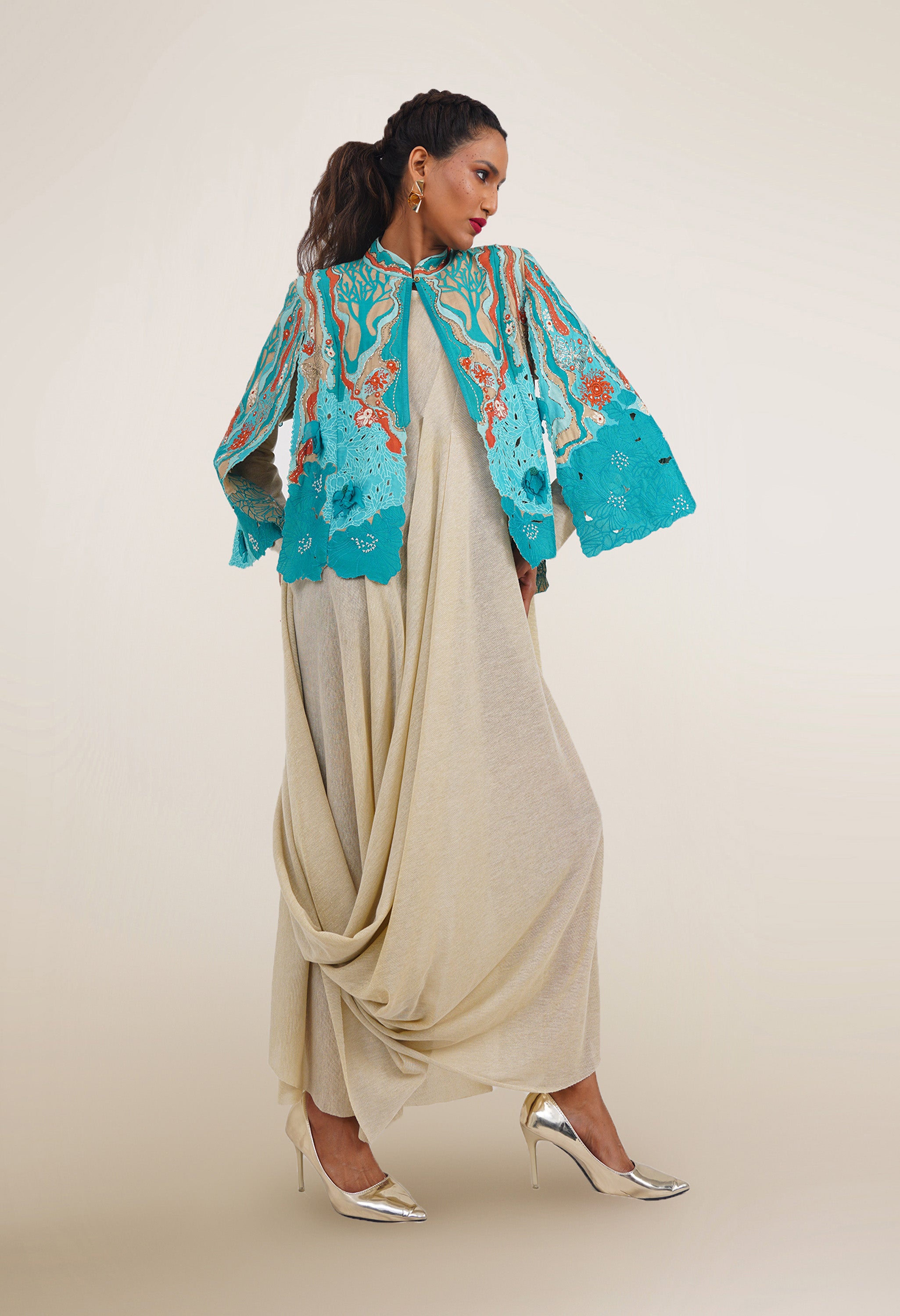 EMBROIDERED CAPE JACKET WITH DRAPED JERSY INNER