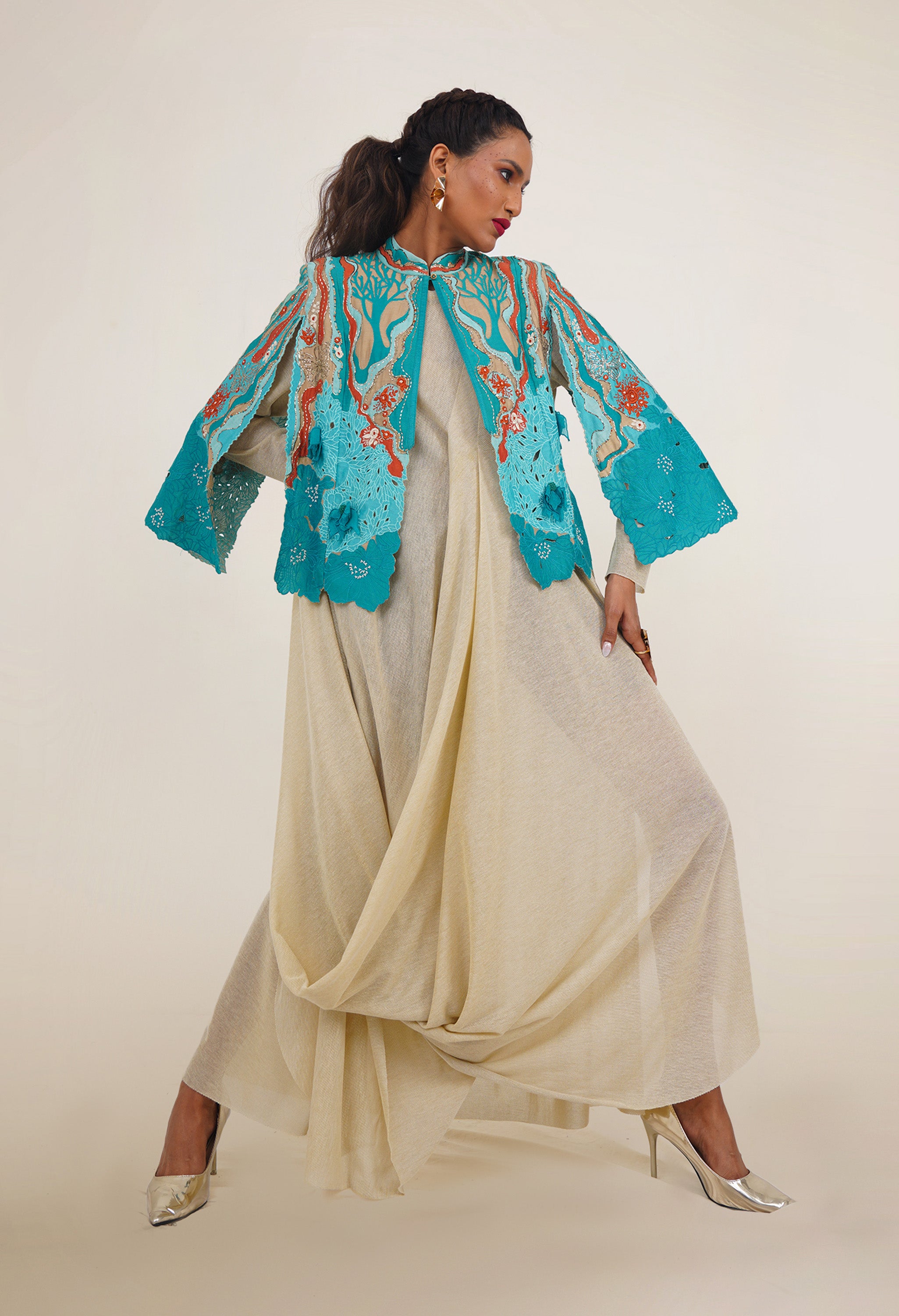 EMBROIDERED CAPE JACKET WITH DRAPED JERSY INNER