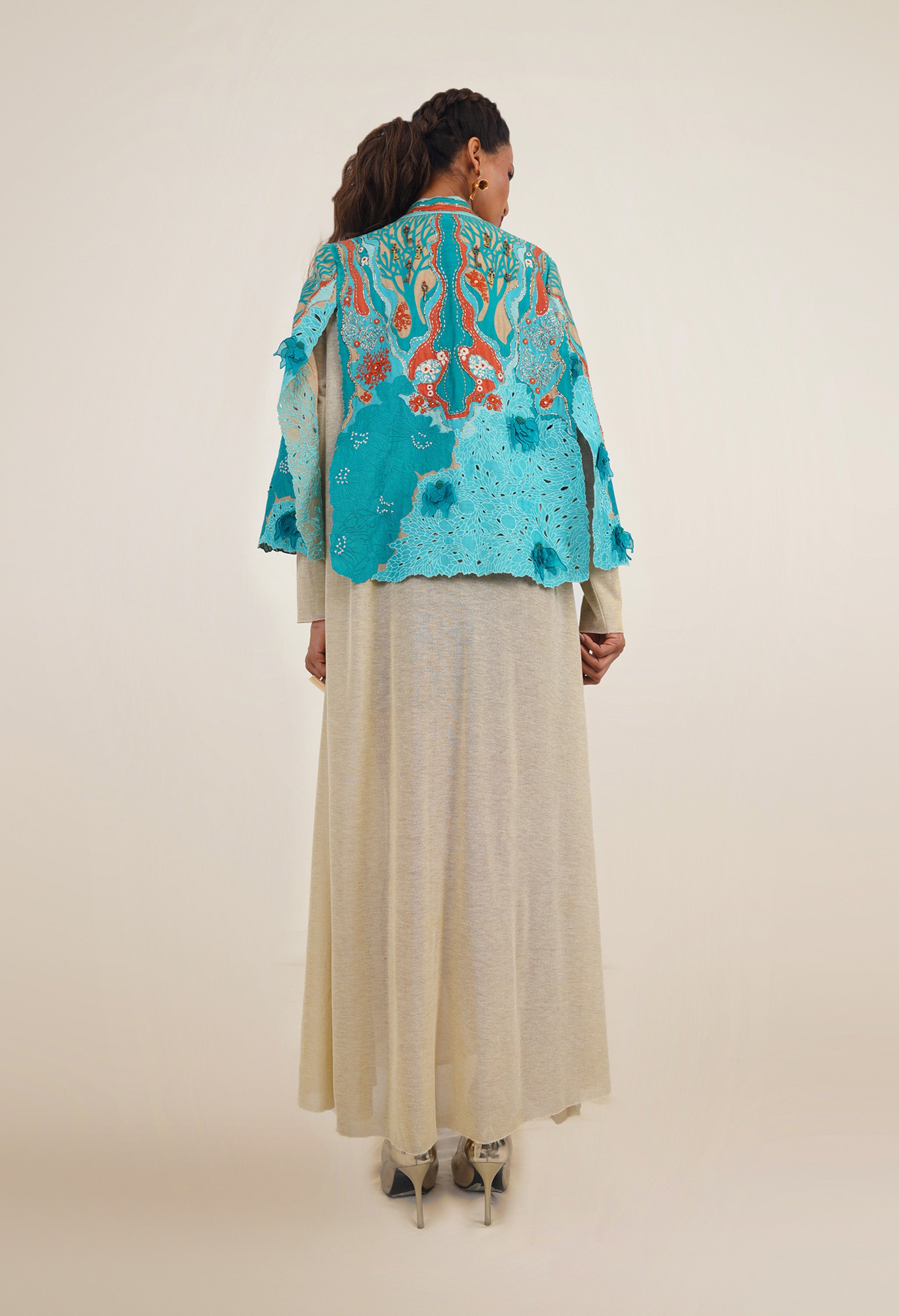 EMBROIDERED CAPE JACKET WITH DRAPED JERSY INNER