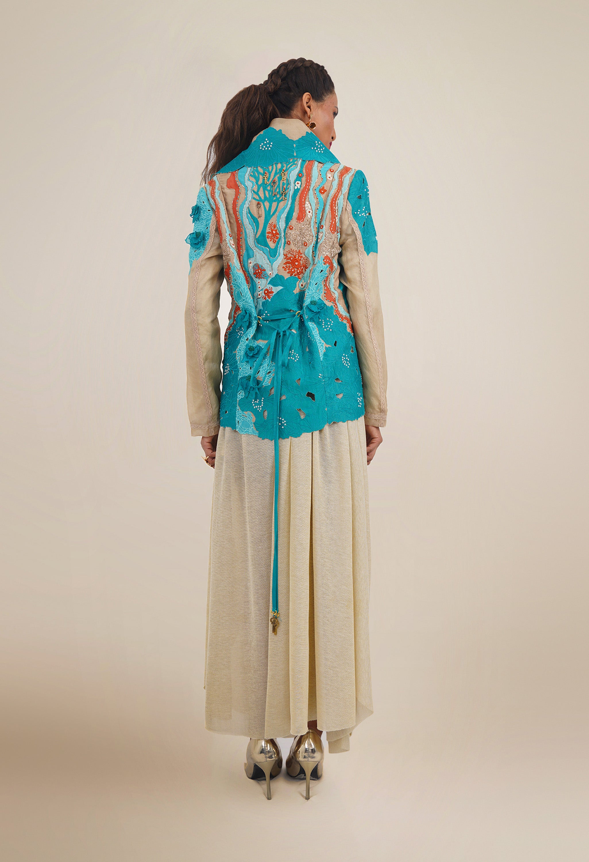 DRAPED COLLAR JACKET + DRAPED JERSY SKIRT