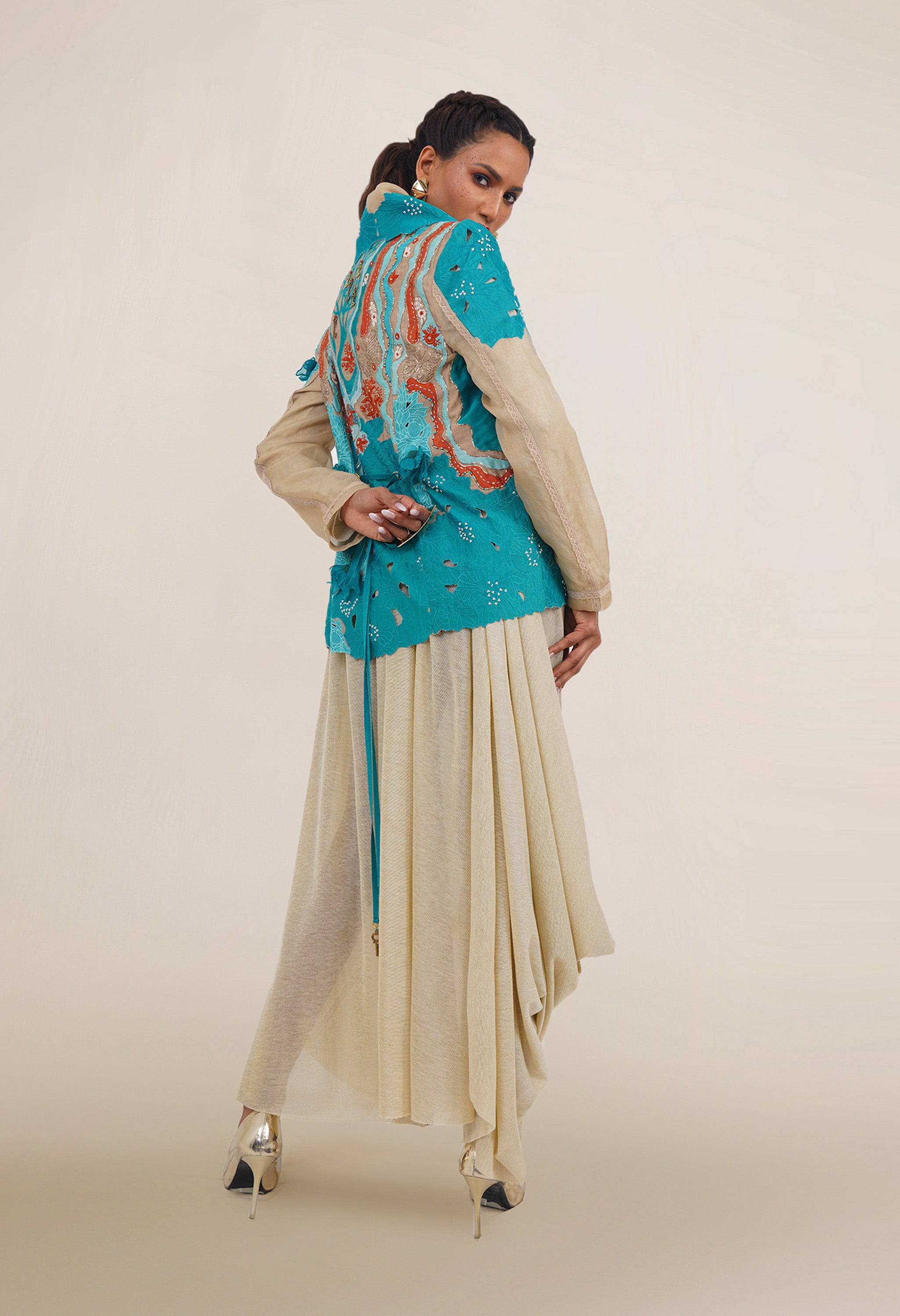 DRAPED COLLAR JACKET + DRAPED JERSY SKIRT