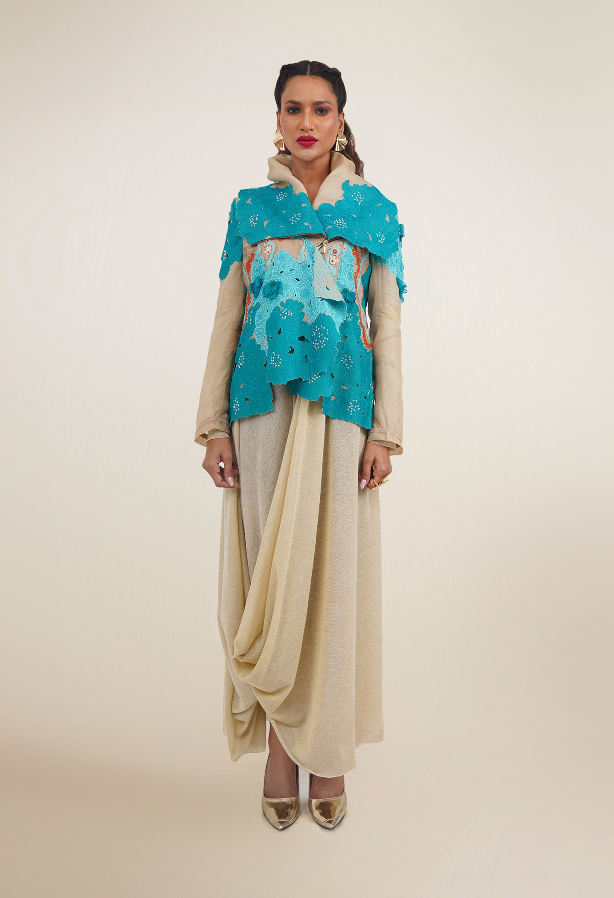 DRAPED COLLAR JACKET + DRAPED JERSY SKIRT