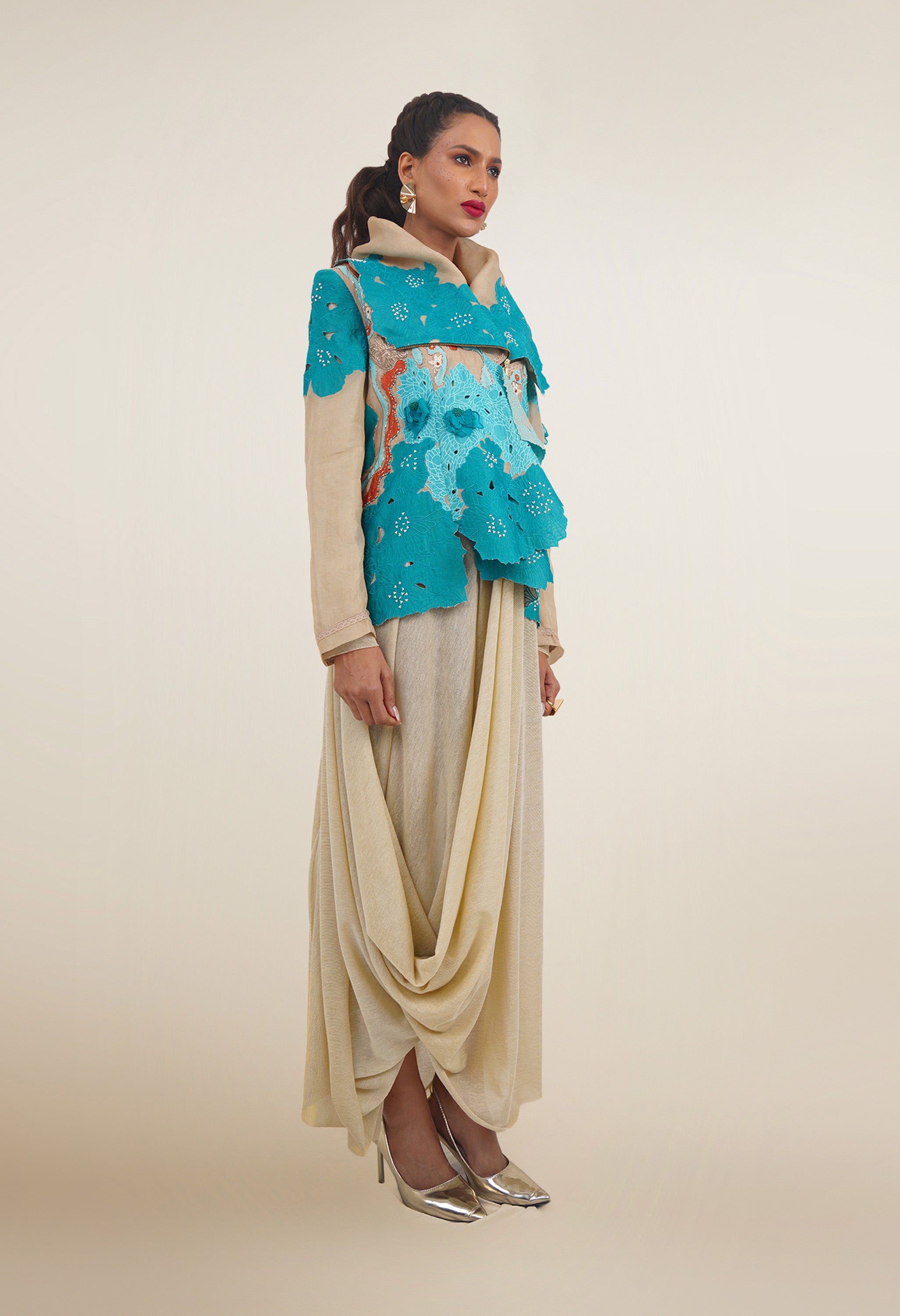 DRAPED COLLAR JACKET + DRAPED JERSY SKIRT