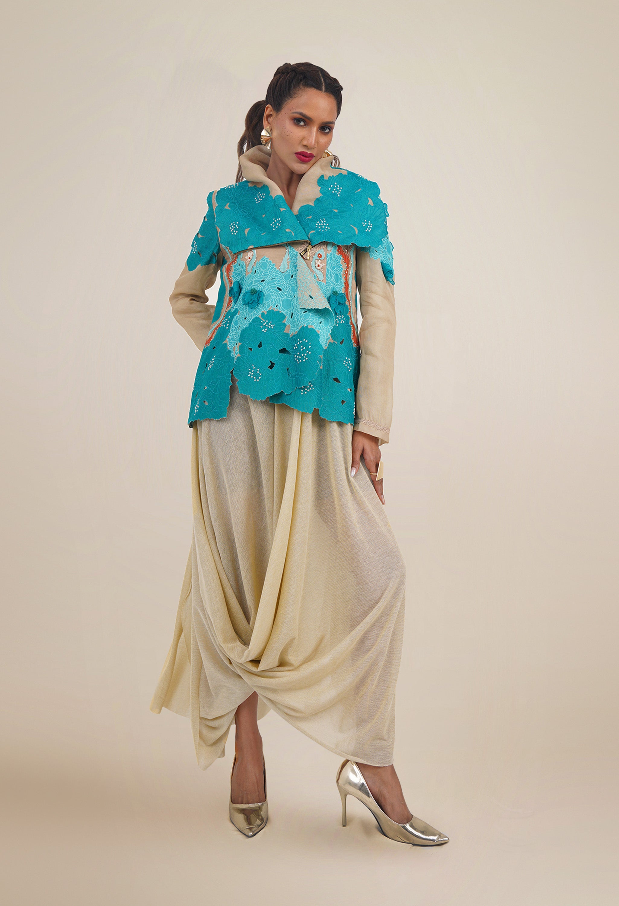 DRAPED COLLAR JACKET + DRAPED JERSY SKIRT