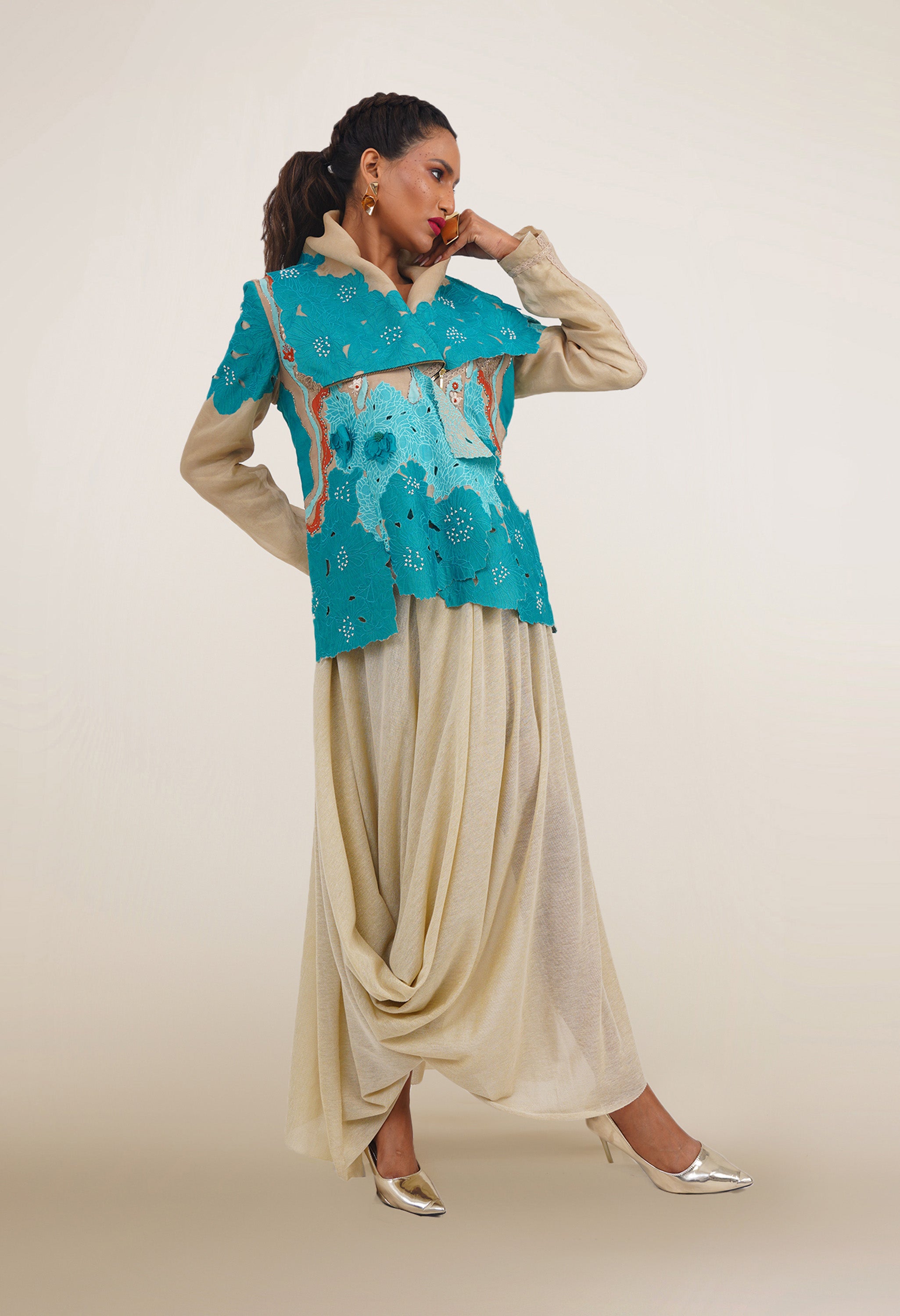 DRAPED COLLAR JACKET + DRAPED JERSY SKIRT