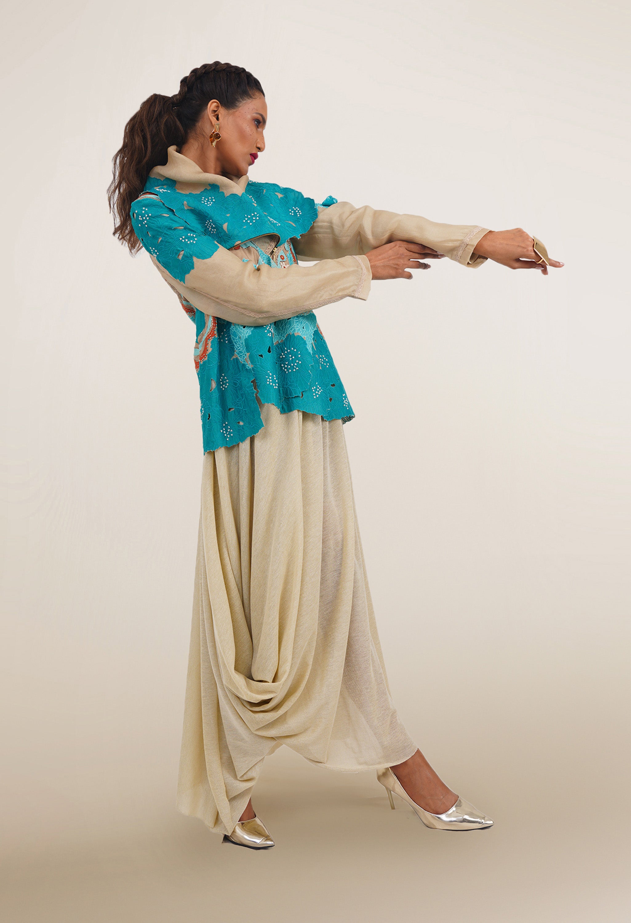 DRAPED COLLAR JACKET + DRAPED JERSY SKIRT