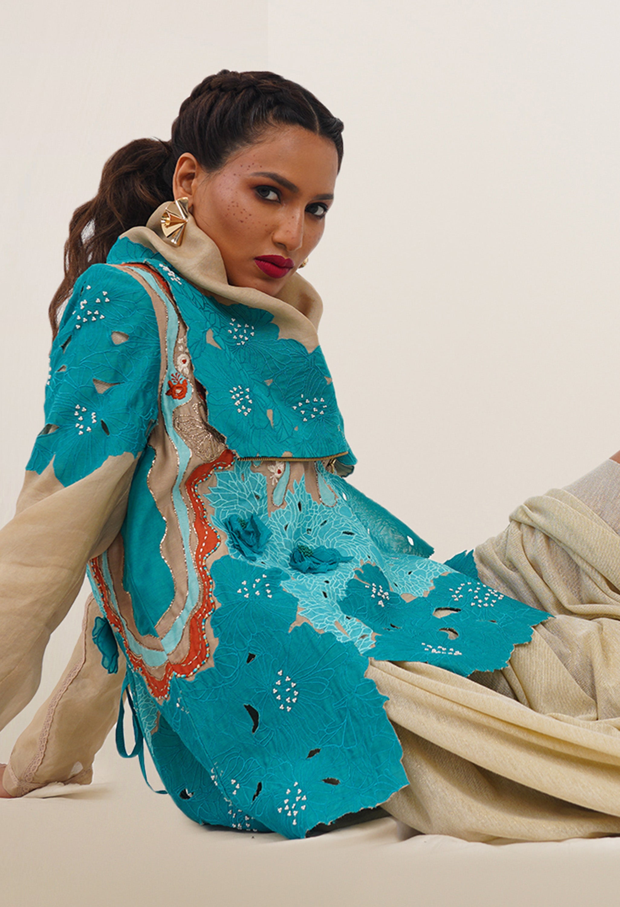 DRAPED COLLAR JACKET + DRAPED JERSY SKIRT