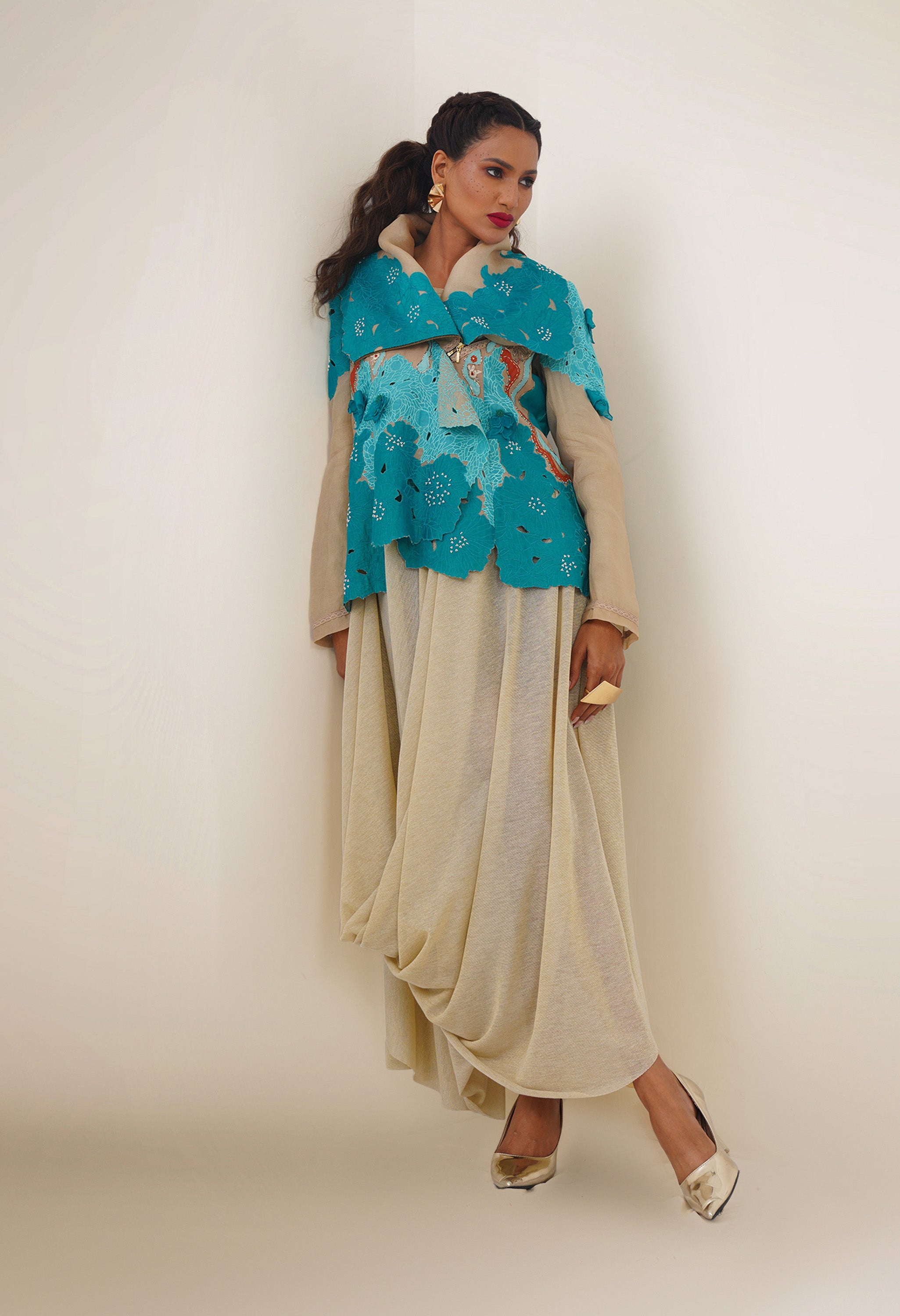 DRAPED COLLAR JACKET + DRAPED JERSY SKIRT