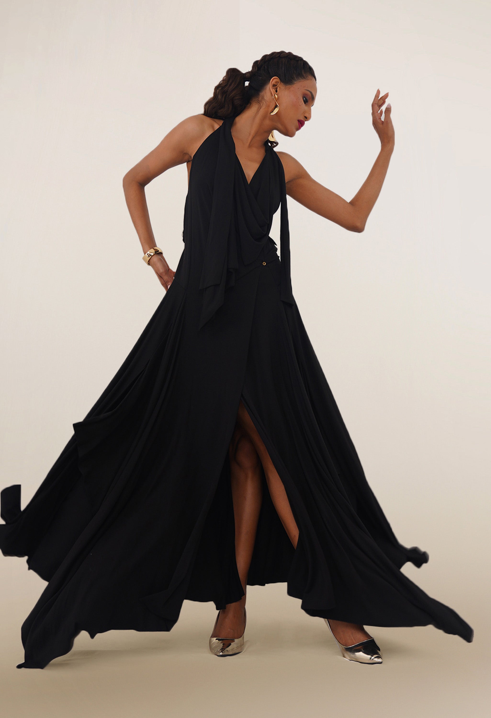 DRAPED LUREX JERSEY DRESS WITH EMB BACK